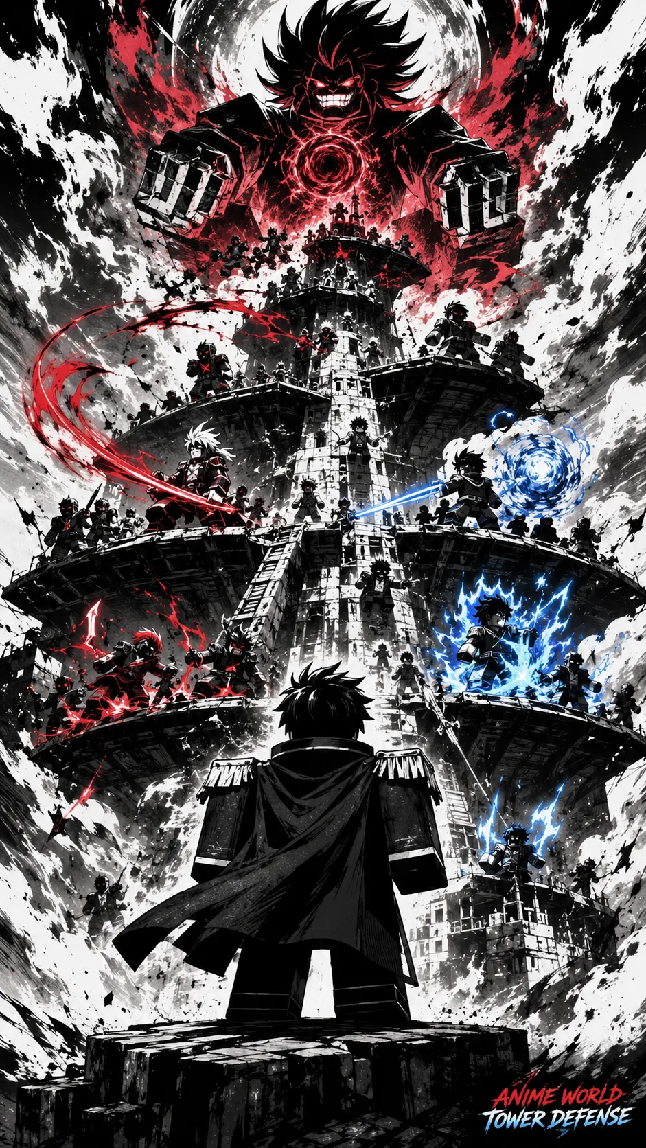 Nhân vật anime áo choàng đứng giữa thành phố đổ nát, đối đầu thế lực đỏ và xanh trong ảnh nền Roblox dọc cho điện thoại.