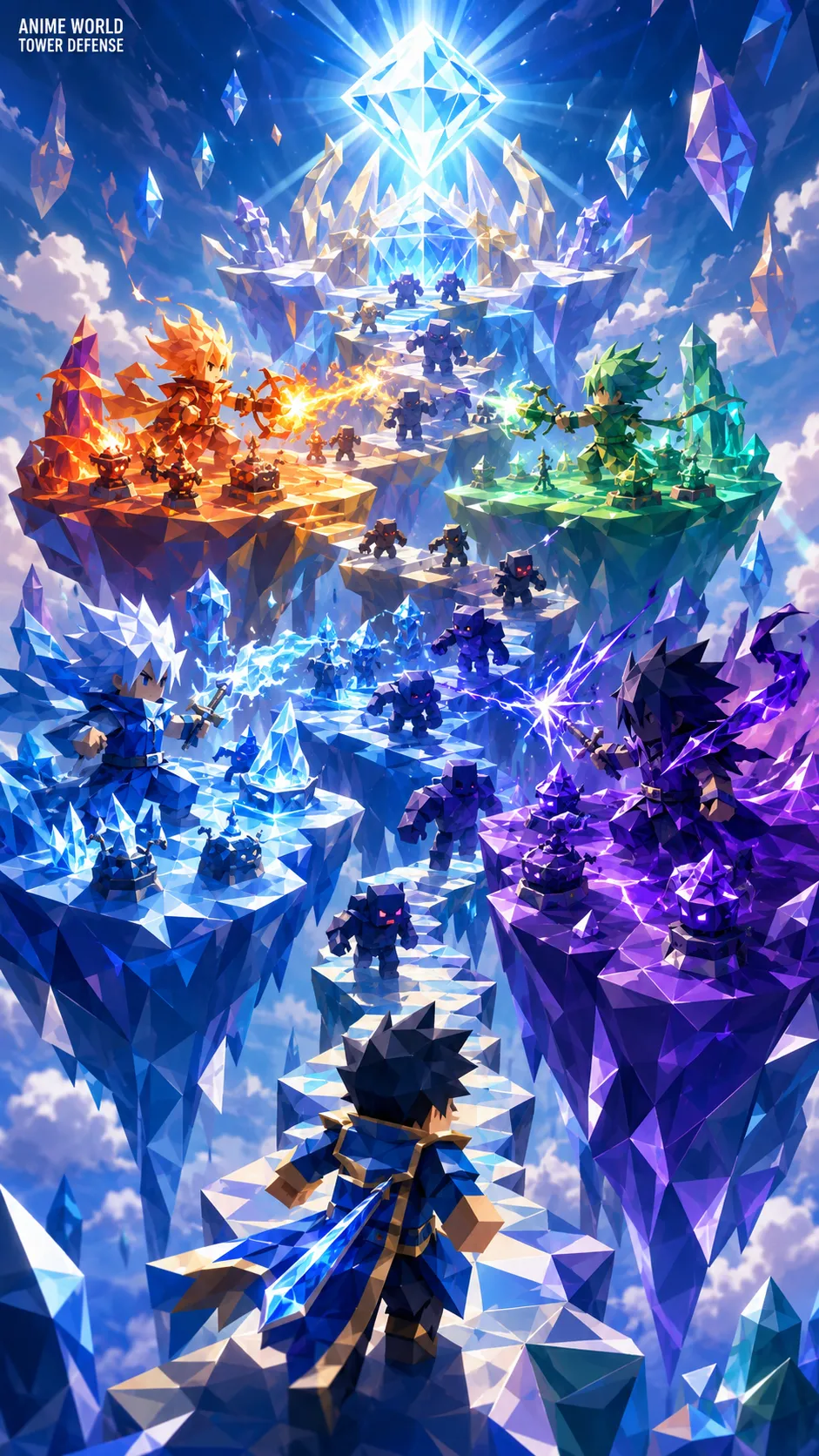 Các chiến binh chibi chiến đấu với quái vật bóng tối trên các đảo pha lê lơ lửng trong Anime World Tower Defense