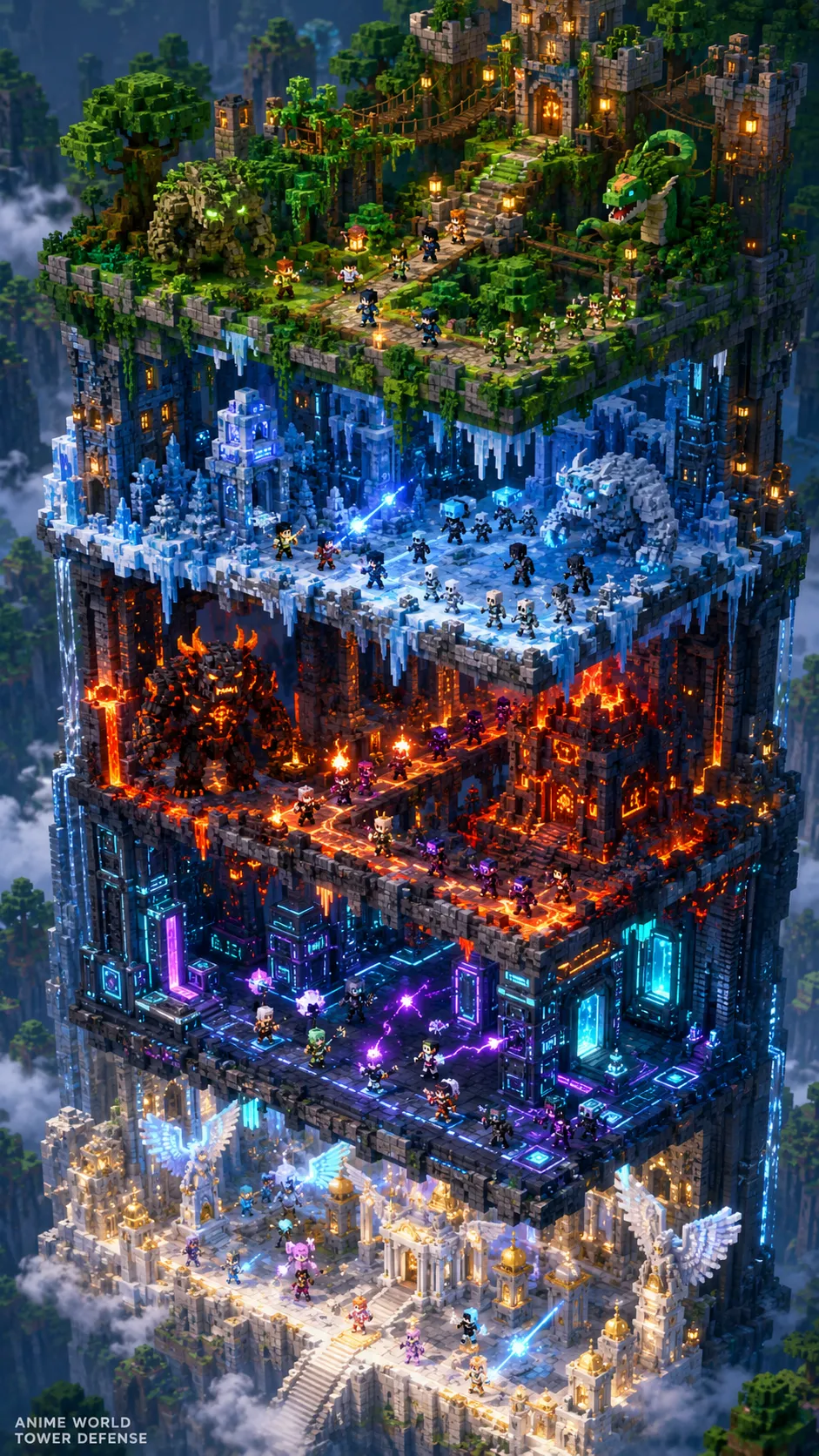 Tòa tháp nổi nhiều tầng theo chủ đề từ rừng xanh, hang băng, dung nham đến công nghệ trong Anime World Tower Defense