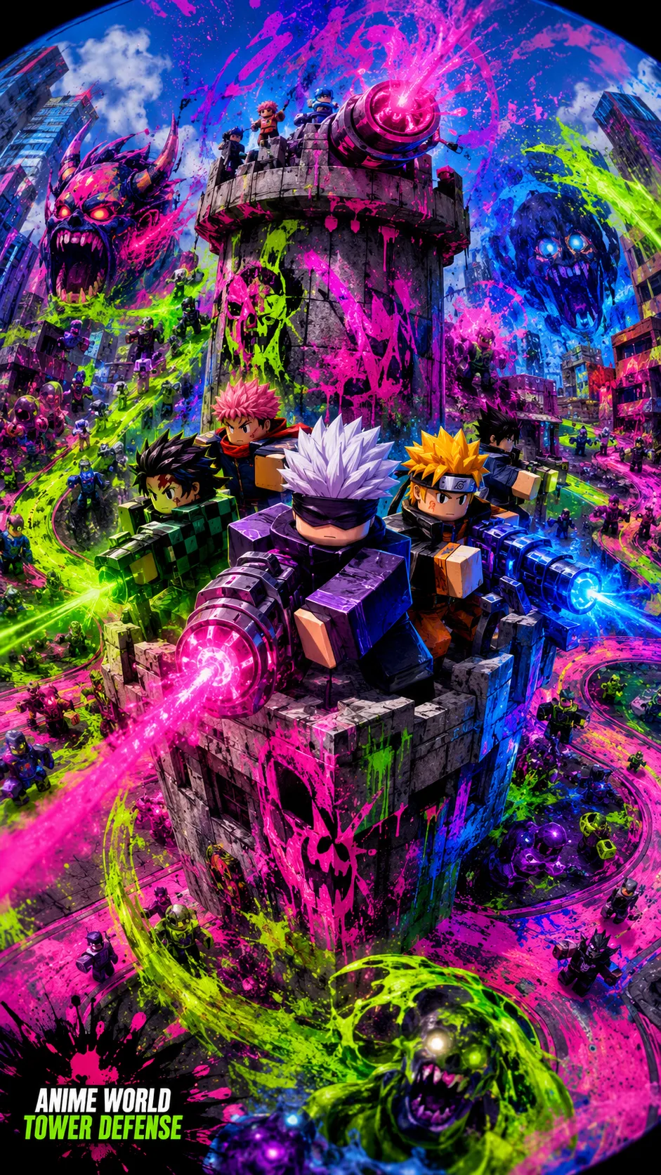 Hình nền điện thoại Roblox Anime World Tower Defense với các nhân vật anime giữa tháp chiến đấu neon