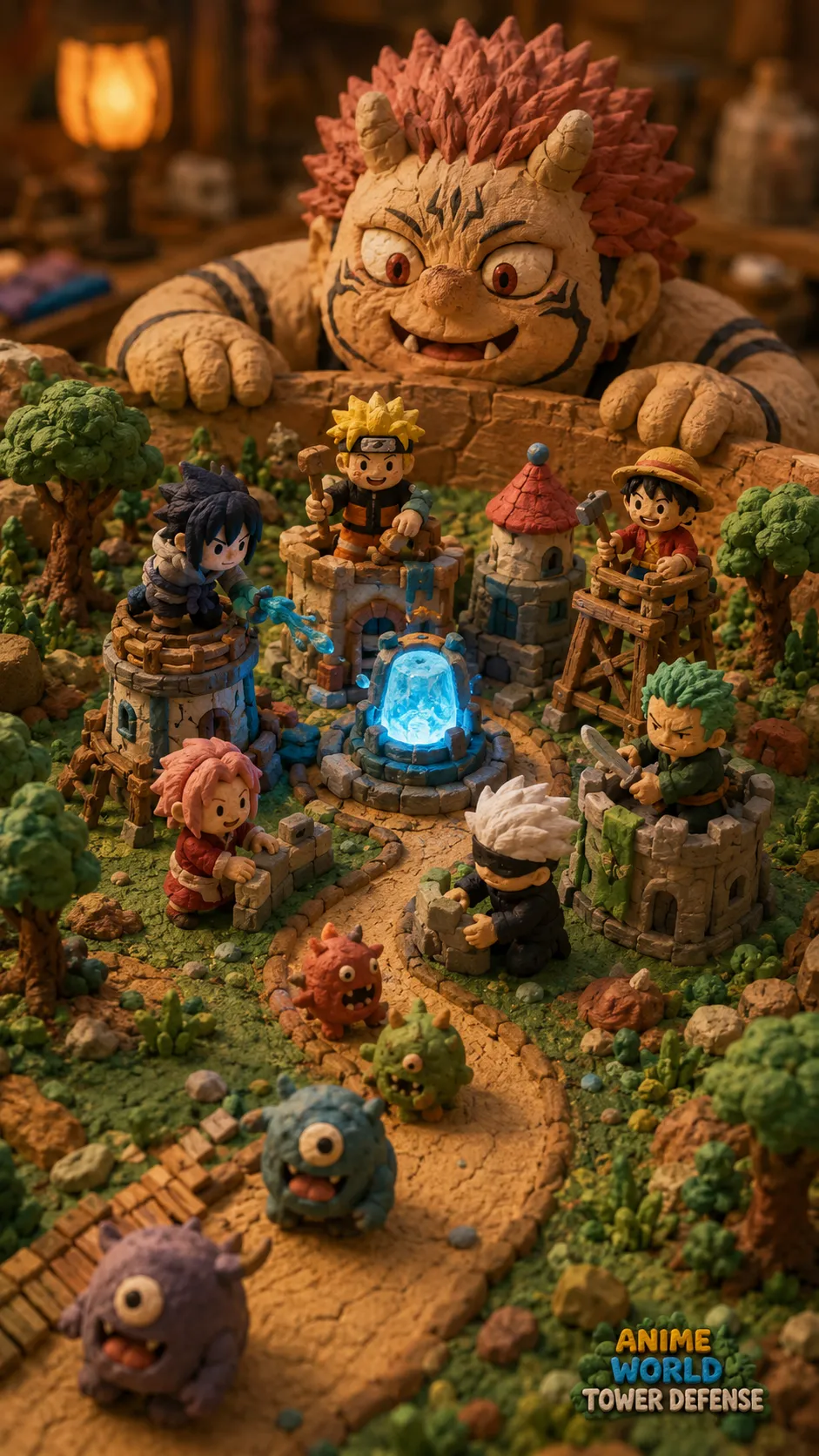 Hình nền Roblox Anime World Tower Defense dọc với các nhân vật anime bên tháp phòng thủ