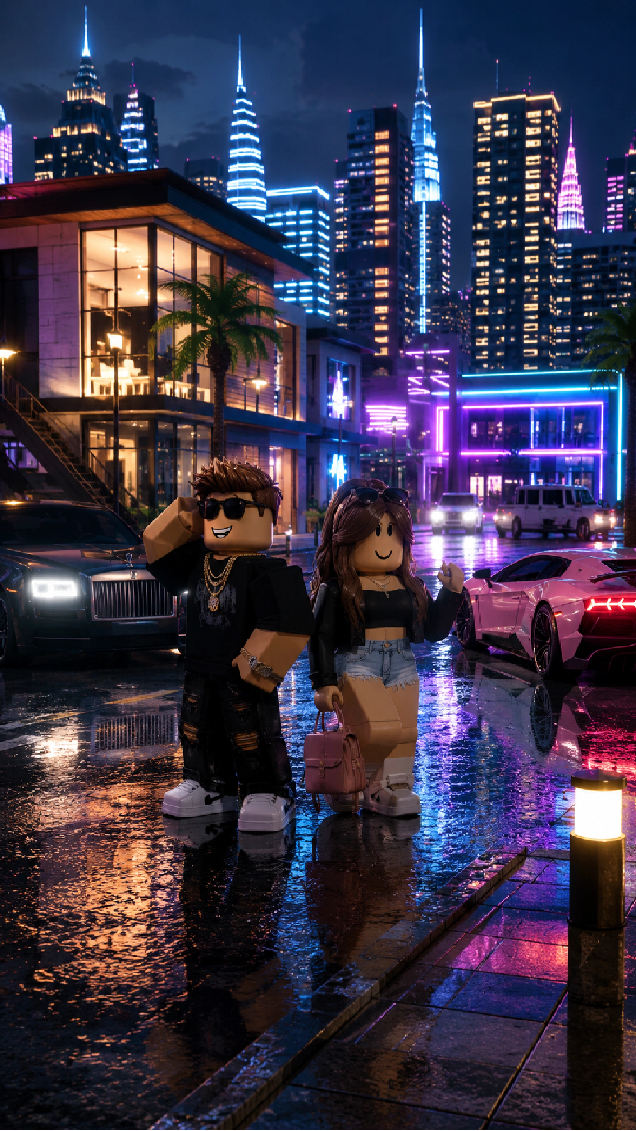 Hình nền điện thoại Roblox Brookhaven thành phố neon 4K
