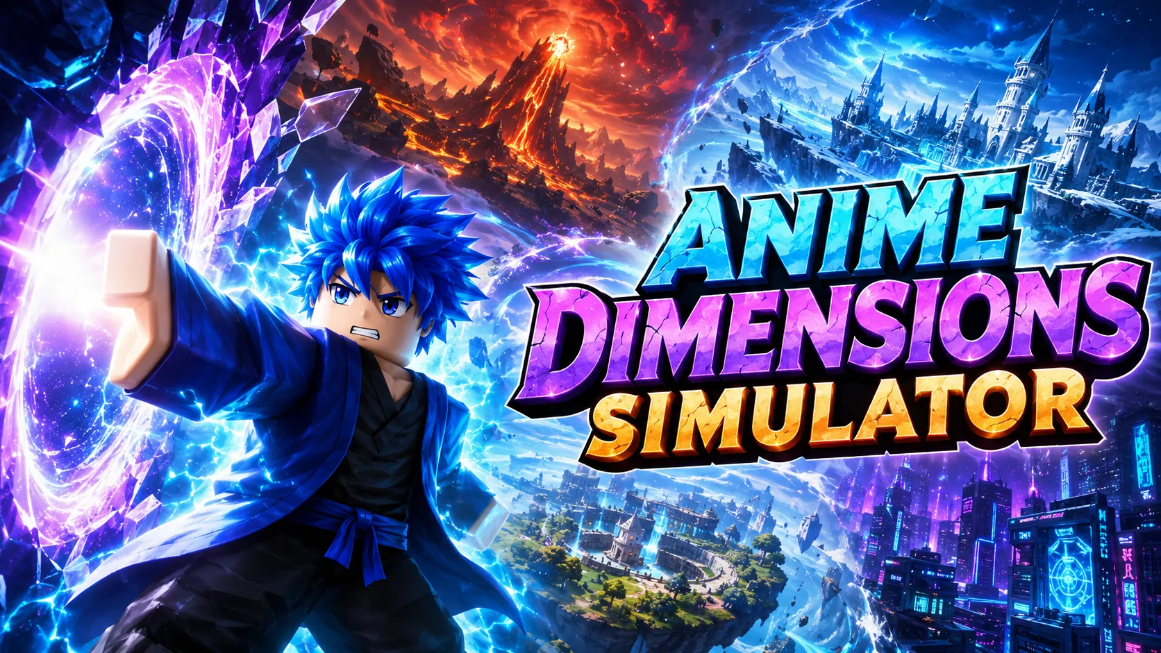 Nhân vật tóc xanh tung chiêu giữa cổng năng lượng trong Anime Dimensions Simulator, hình nền PC 1672x941