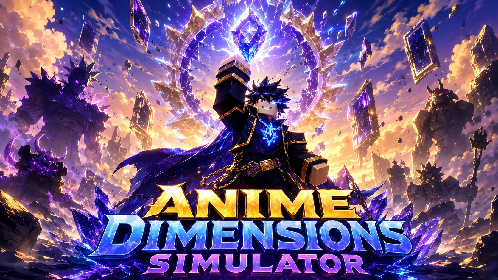 Hình nền PC Roblox Anime Dimensions Simulator với nhân vật anime cầm khối vuông giữa cổng năng lượng tím