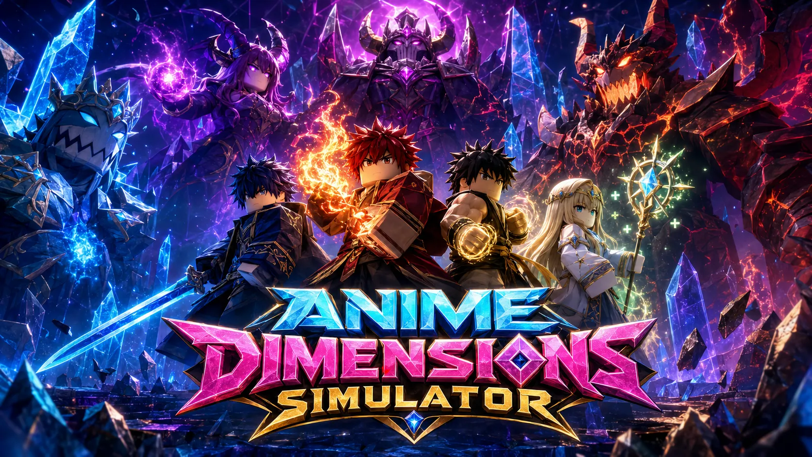 Hình nền PC Roblox Anime Dimensions Simulator với nhóm nhân vật giữa tinh thể phát sáng, kích thước 1672x941