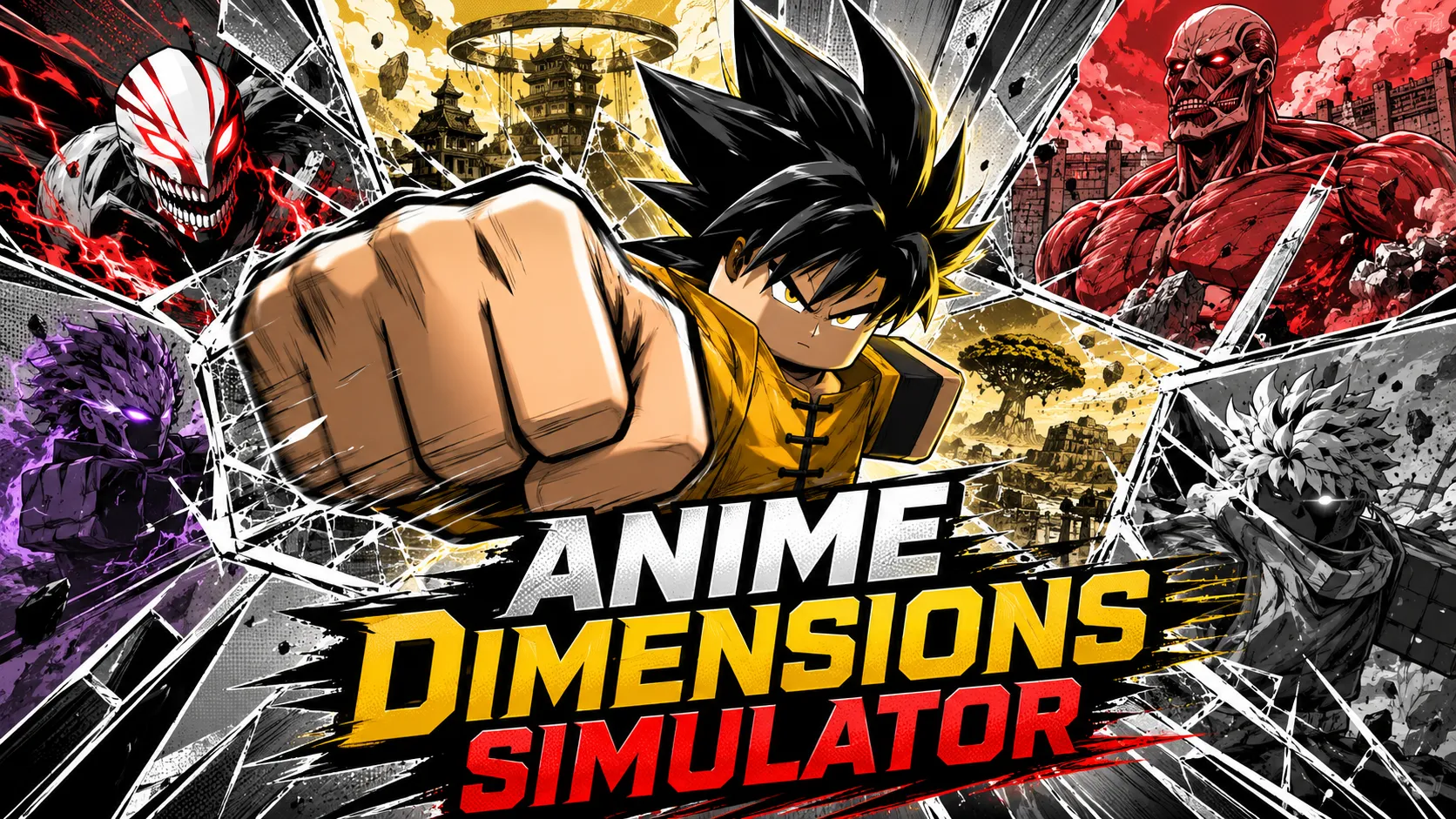 Hình nền PC Roblox Anime Dimensions Simulator với nhân vật tóc đen tung cú đấm giữa các khung cảnh anime đa vũ trụ
