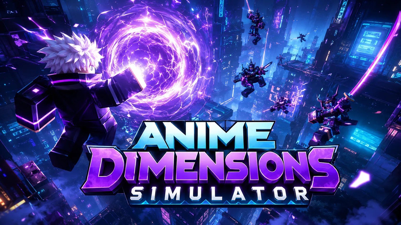 Hình nền PC Anime Dimensions Simulator với nhân vật tung chiêu giữa thành phố neon vũ trụ