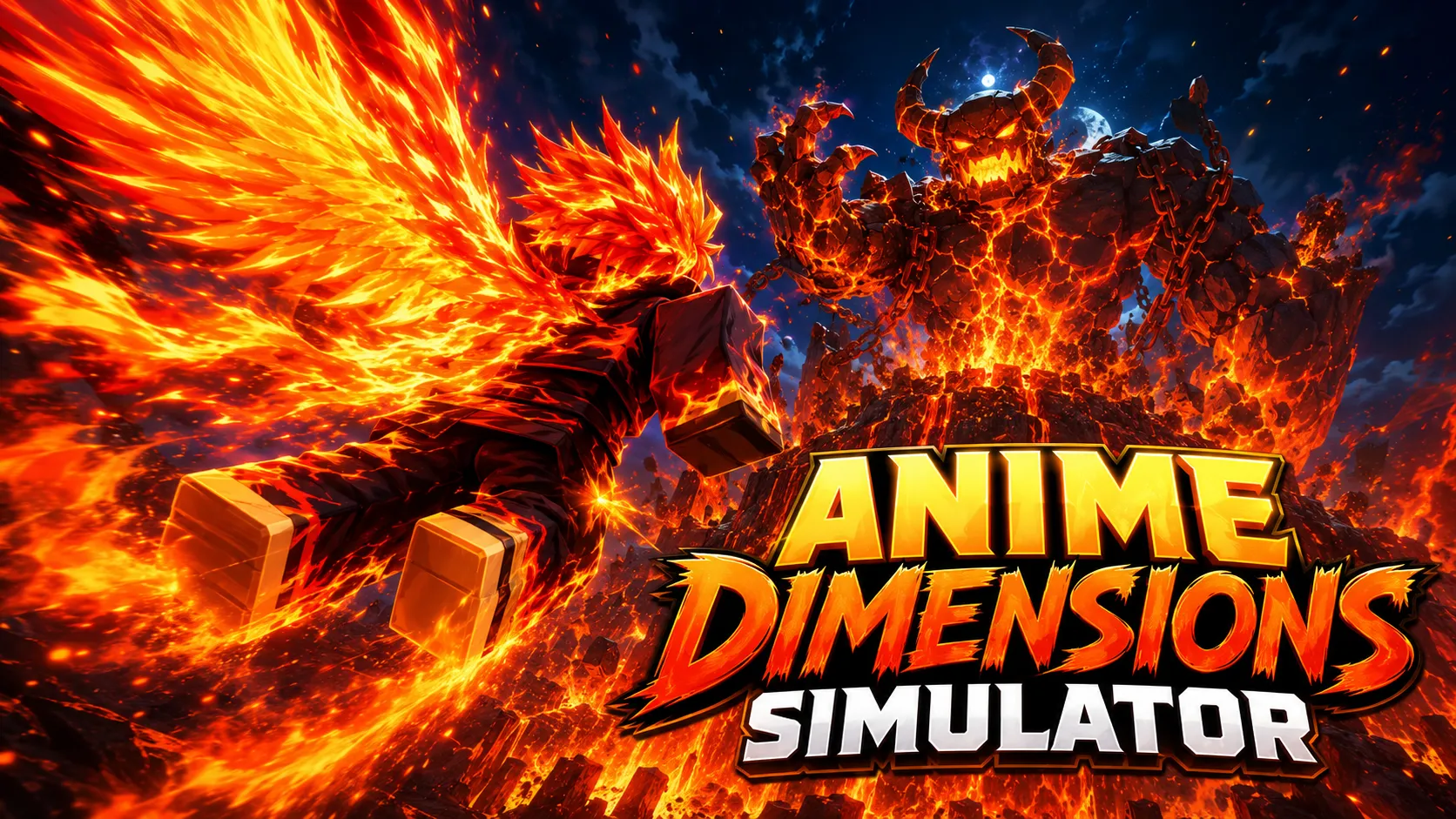 Hình nền Anime Dimensions Simulator trên Roblox với nhân vật anime bùng cháy giữa khung cảnh lửa đỏ, dành cho PC 1672x941