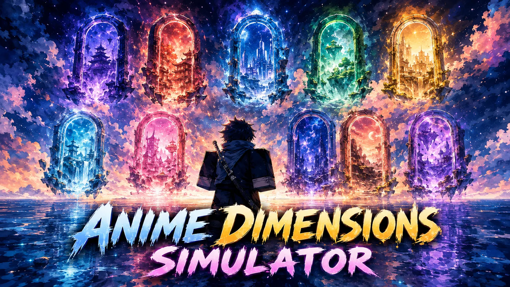 Nhân vật Roblox đứng trước các cánh cổng đa vũ trụ phát sáng trong Anime Dimensions Simulator 1672x941 cho PC