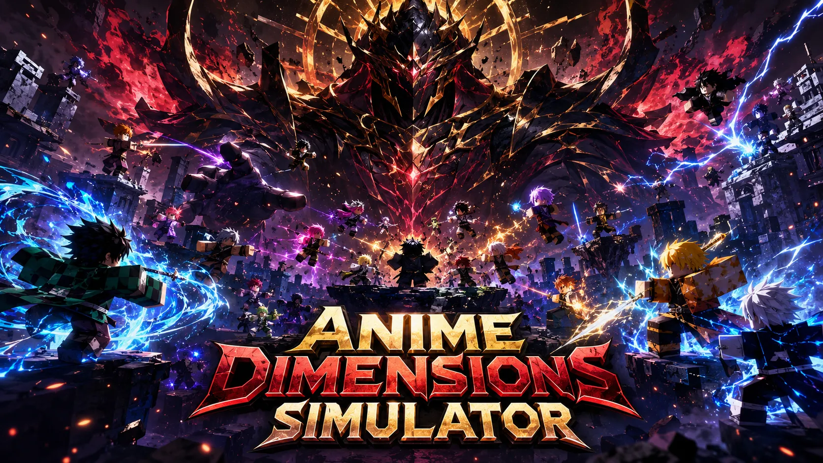 Hình nền PC Anime Dimensions Simulator, nhân vật giao chiến giữa thành phố đổ nát, năng lượng xanh tím rực sáng