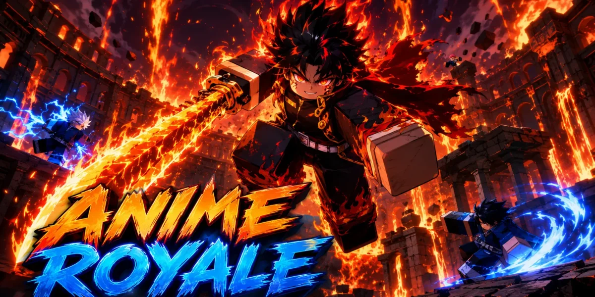 Nhân vật anime vung kiếm bốc lửa lao tới giữa tàn tích đá rực cháy cùng các chiến binh mang hiệu ứng sấm sét trong Anime Royale