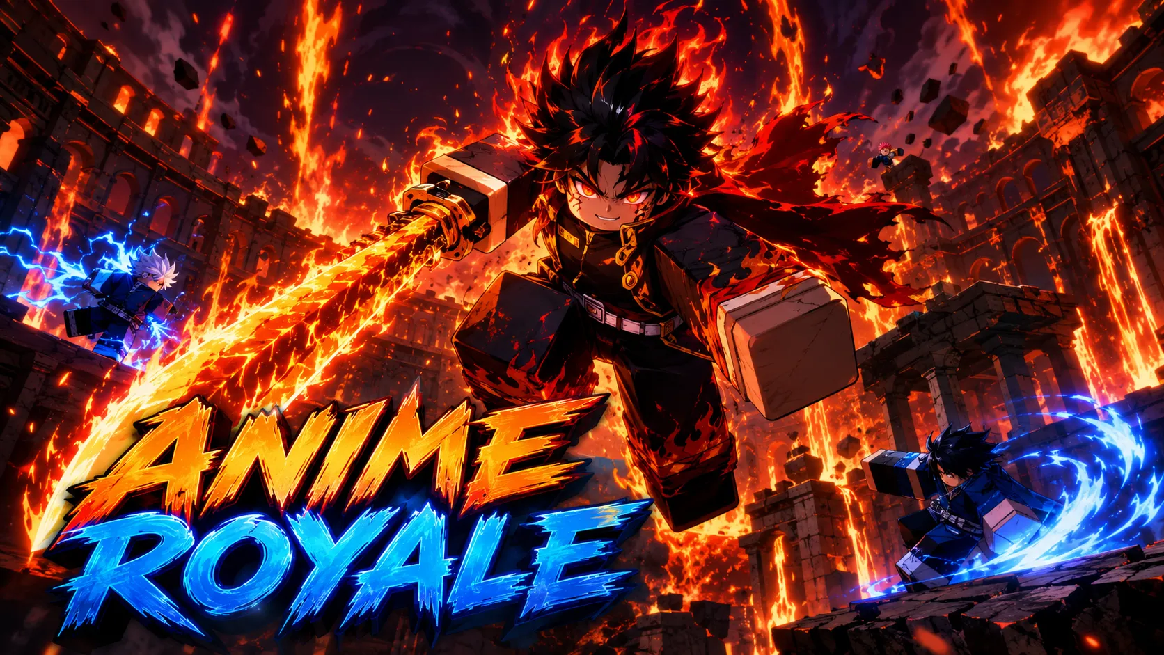 Nhân vật chiến binh anime cầm kiếm giữa lửa và năng lượng xanh, hình nền Roblox cho máy tính 1672x941