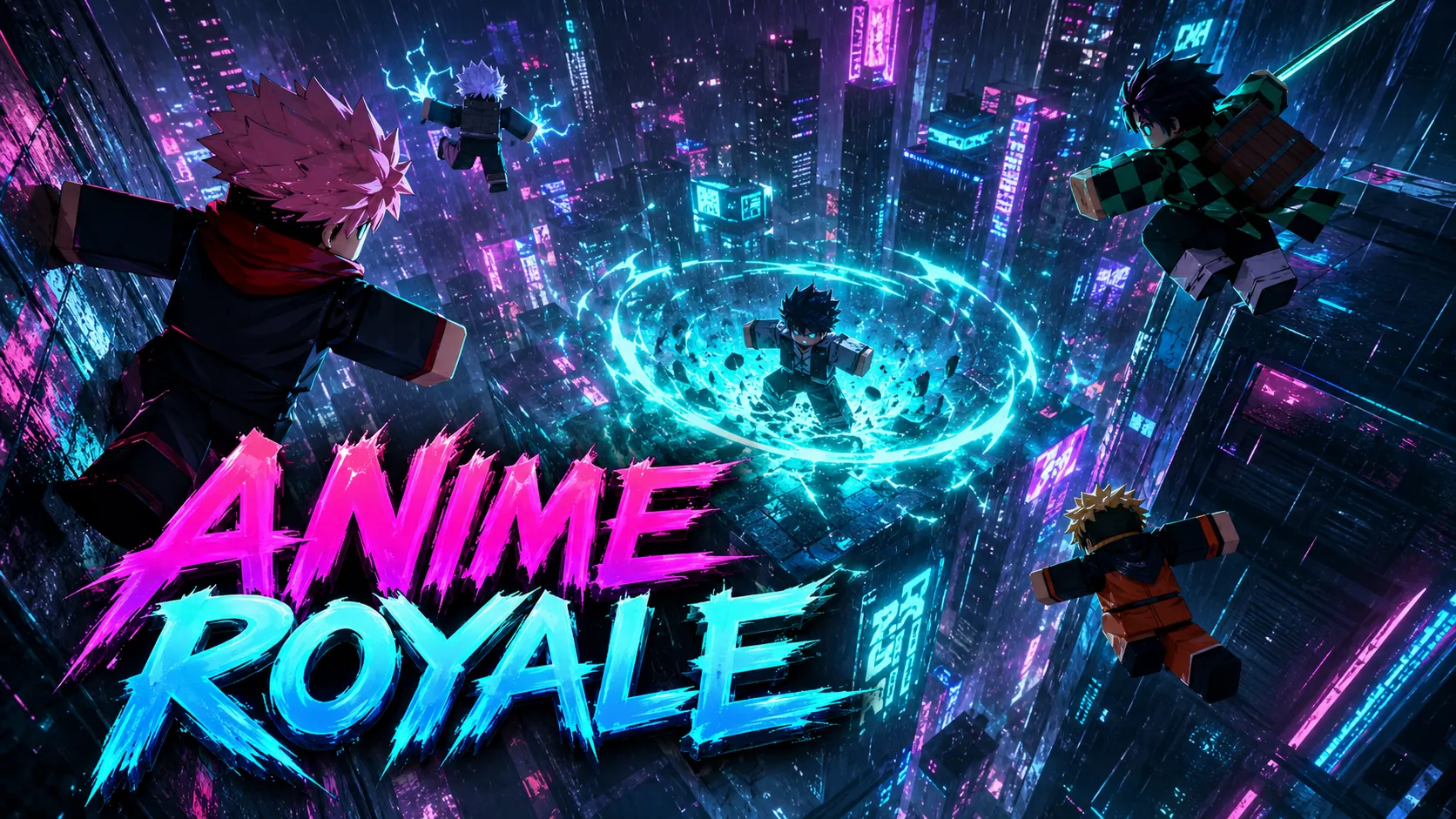 Năm nhân vật phong cách anime dạng khối lao xuống giữa thành phố neon ngập mưa và vòng xoáy năng lượng xanh trong Anime Royale