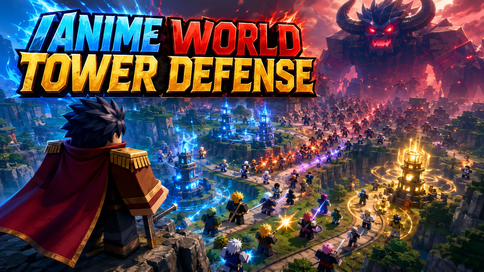 Hình nền PC Roblox Anime World Tower Defense với chiến binh áo choàng nhìn xuống chiến trường anime rực sáng