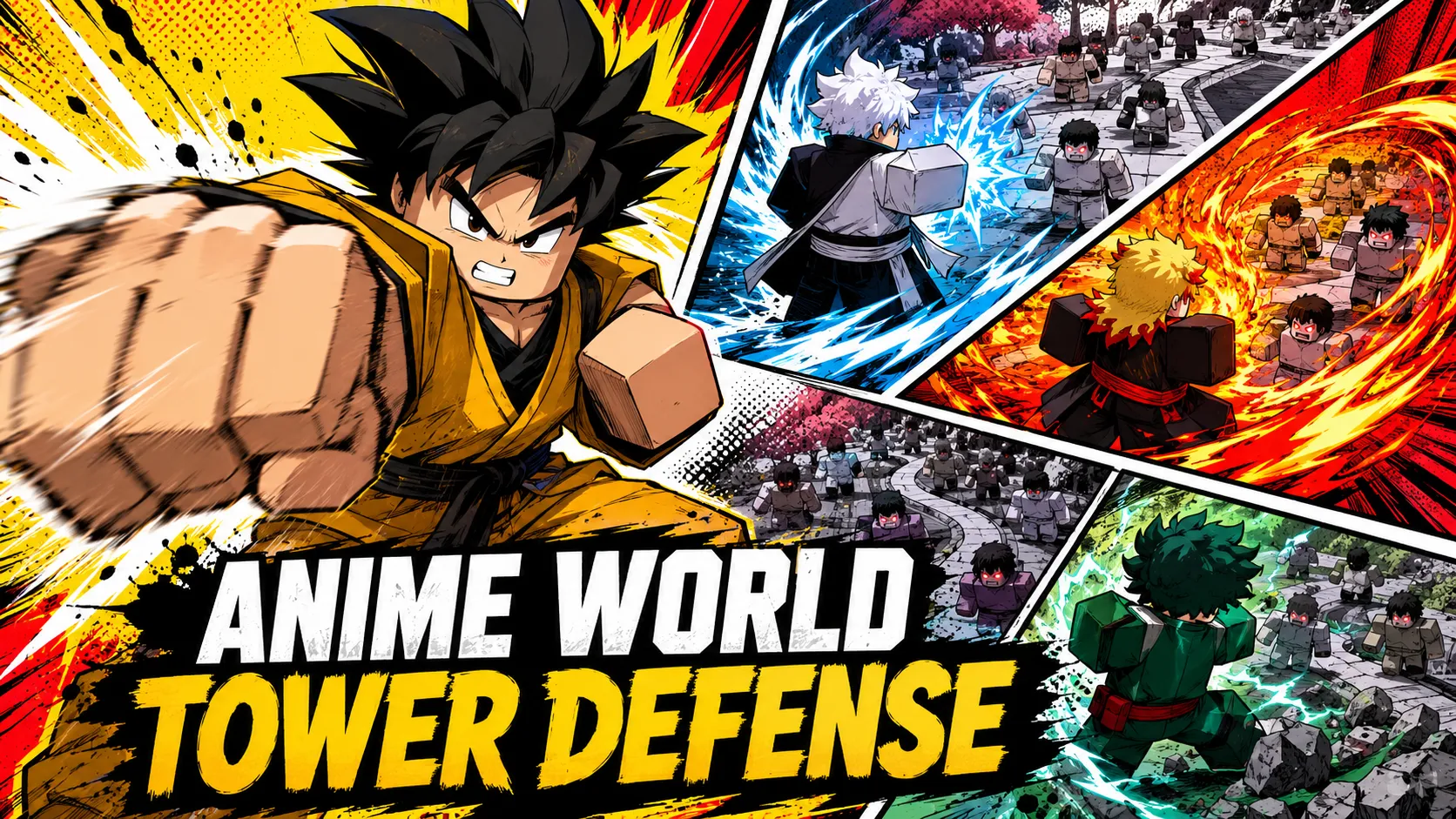 Nhân vật anime tung cú đấm cực đại bên cạnh các chiến binh đối mặt bầy quái vật khối mắt đỏ trong Anime World Tower Defense