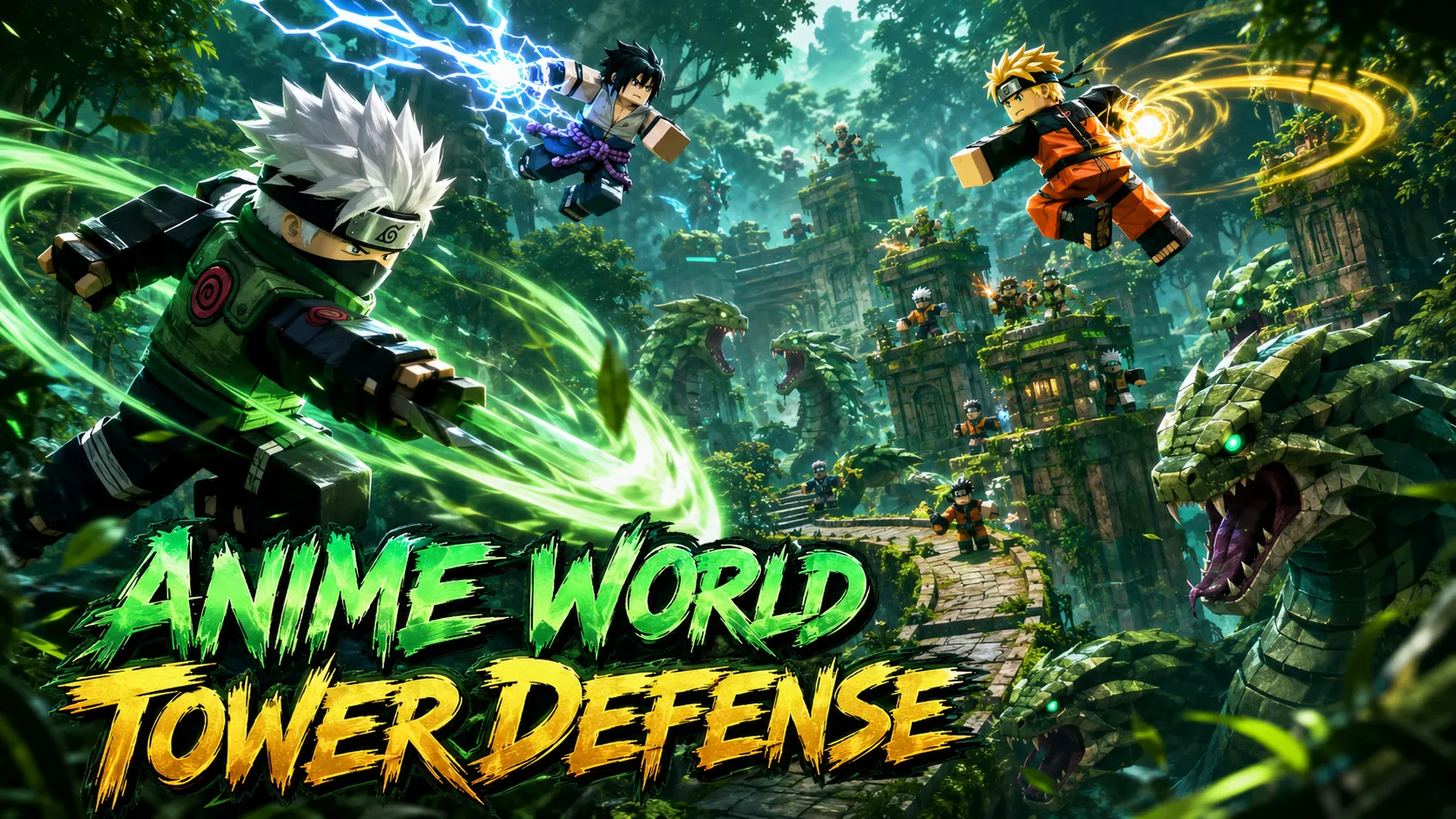 Các nhân vật ninja sử dụng chiêu thức năng lượng chống lại rắn khổng lồ tại đền cổ trong Anime World Tower Defense