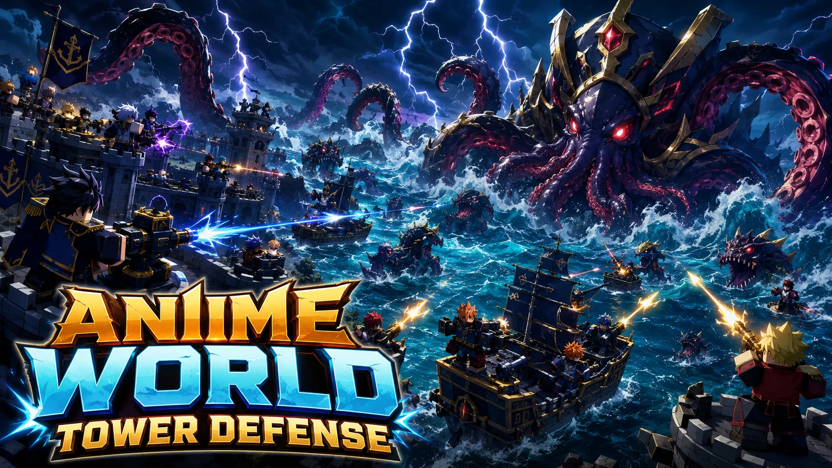 Hình nền PC Roblox Anime World Tower Defense với hạm đội chiến đấu trên biển giữa quái vật xúc tu và sấm chớp
