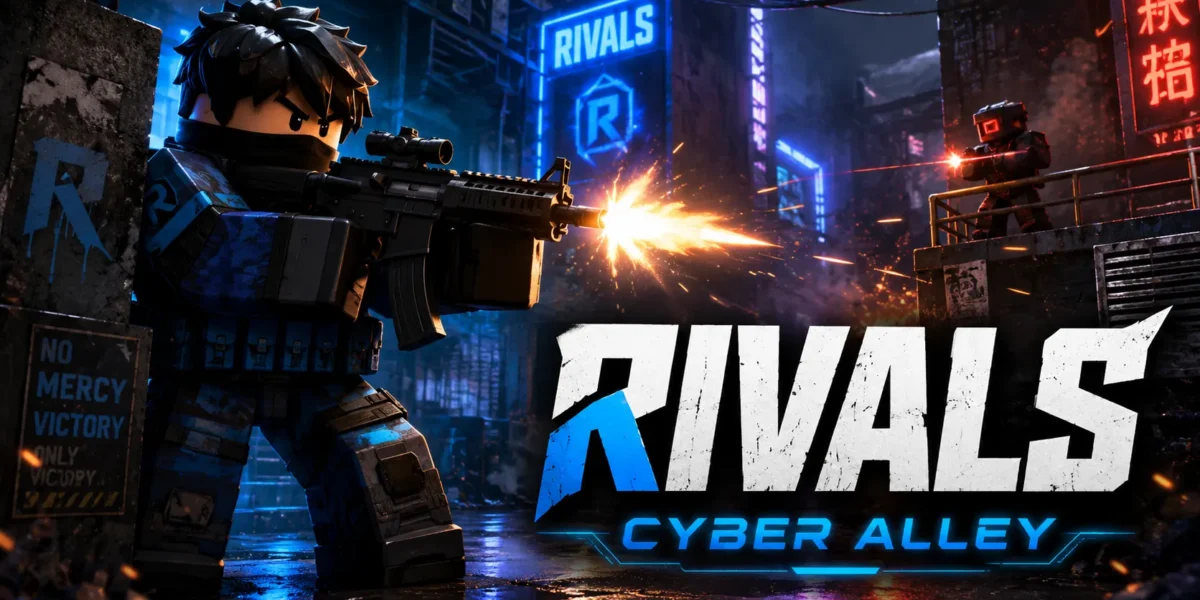 Nhân vật Roblox RIVALS nổ súng trong hẻm cyberpunk neon, hình nền PC 1672x941