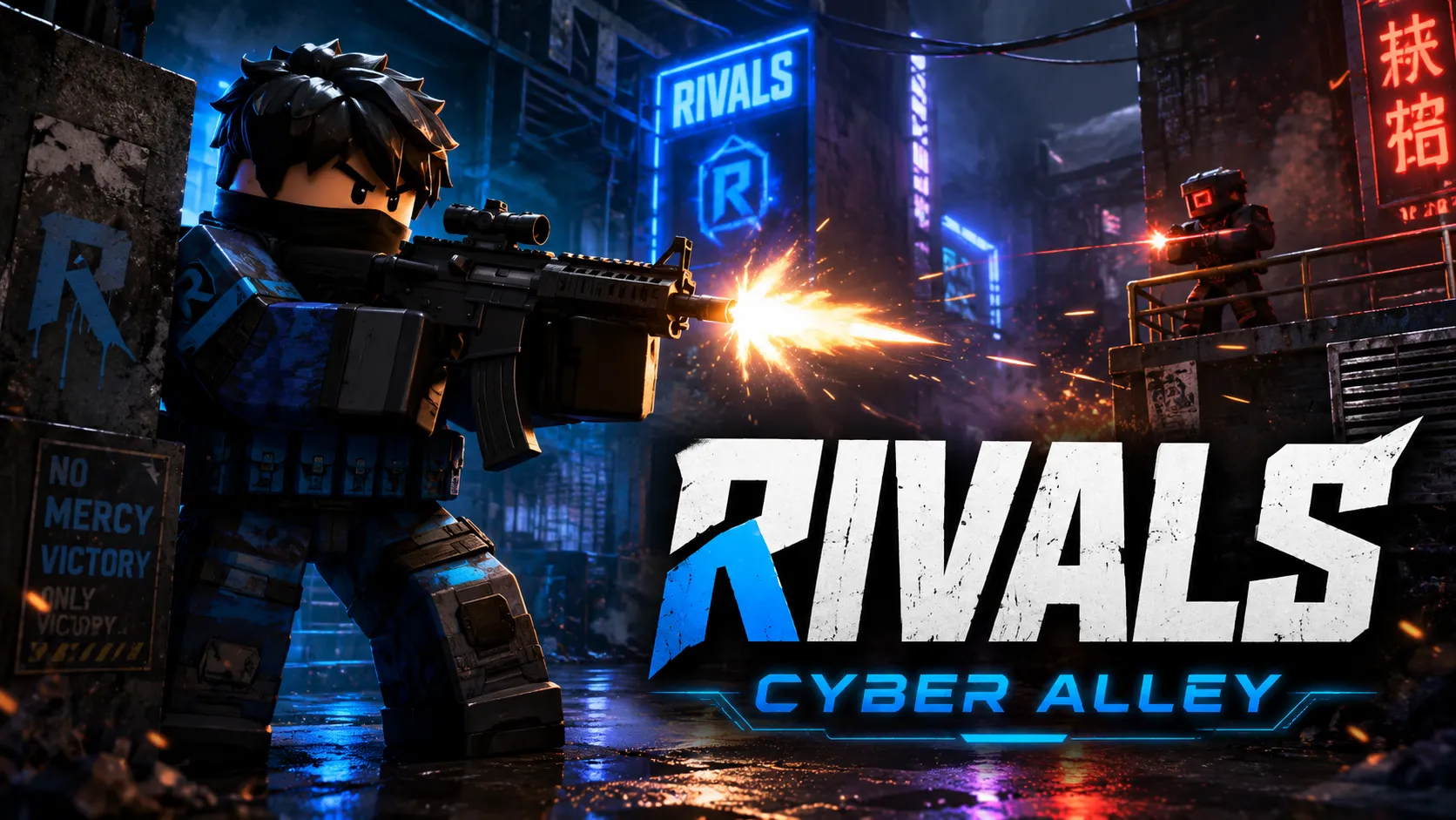 Nhân vật Roblox RIVALS nổ súng trong hẻm cyberpunk neon, hình nền PC 1672x941