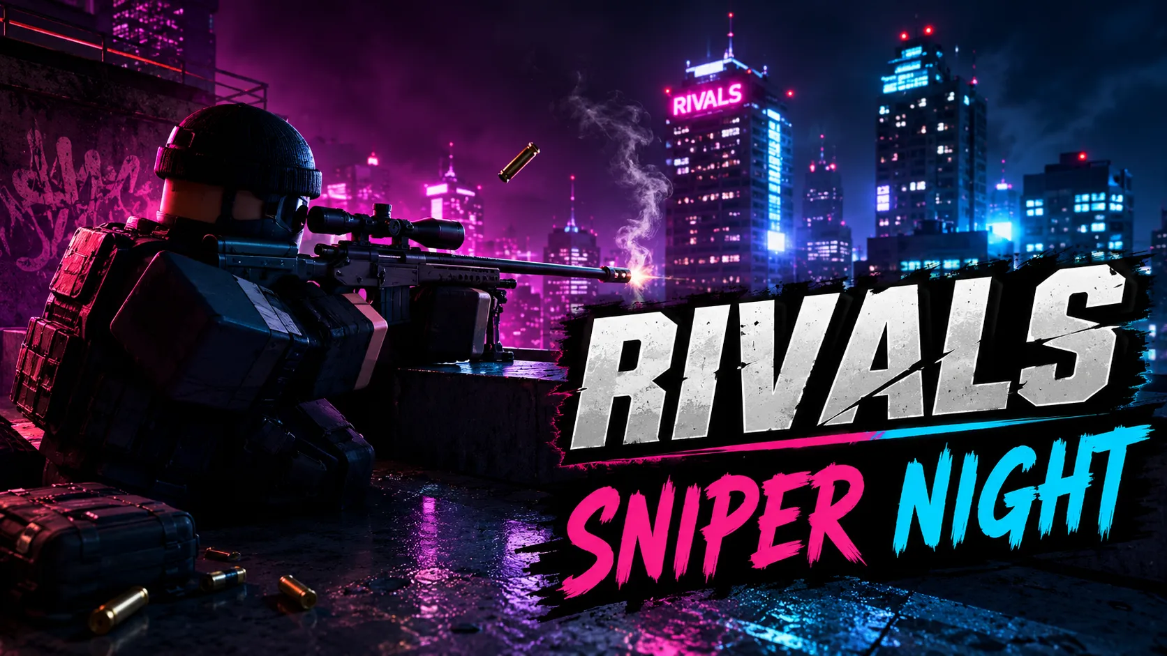 Tay súng ngắm bắn súng trường phát ra tia lửa trên sân thượng thành phố đêm có chữ RIVALS SNIPER NIGHT