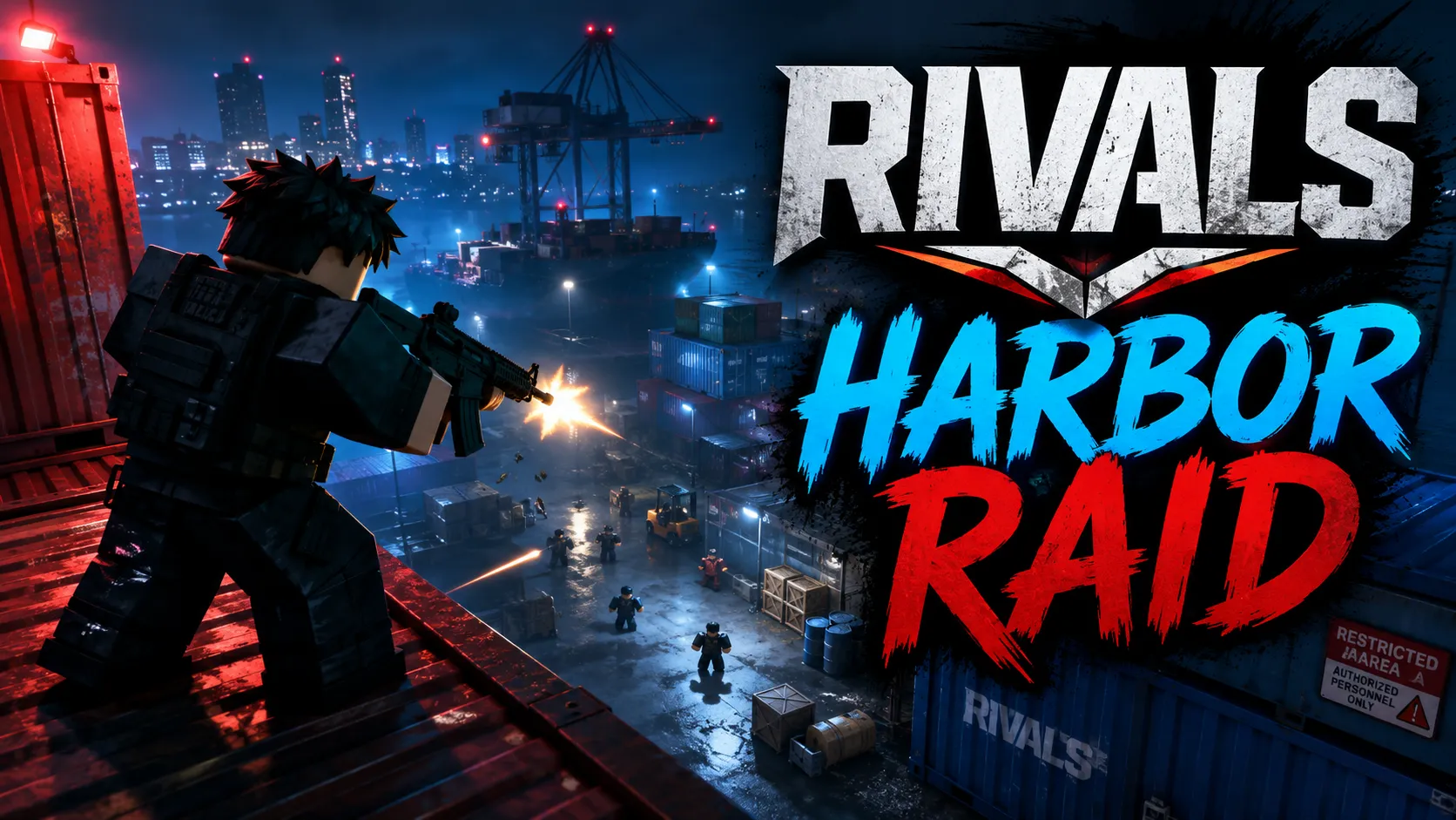 Nhân vật Roblox Rivals nổ súng trên bến cảng ban đêm, nền chữ Harbor Raid, hình nền ngang cho máy tính 1672x941