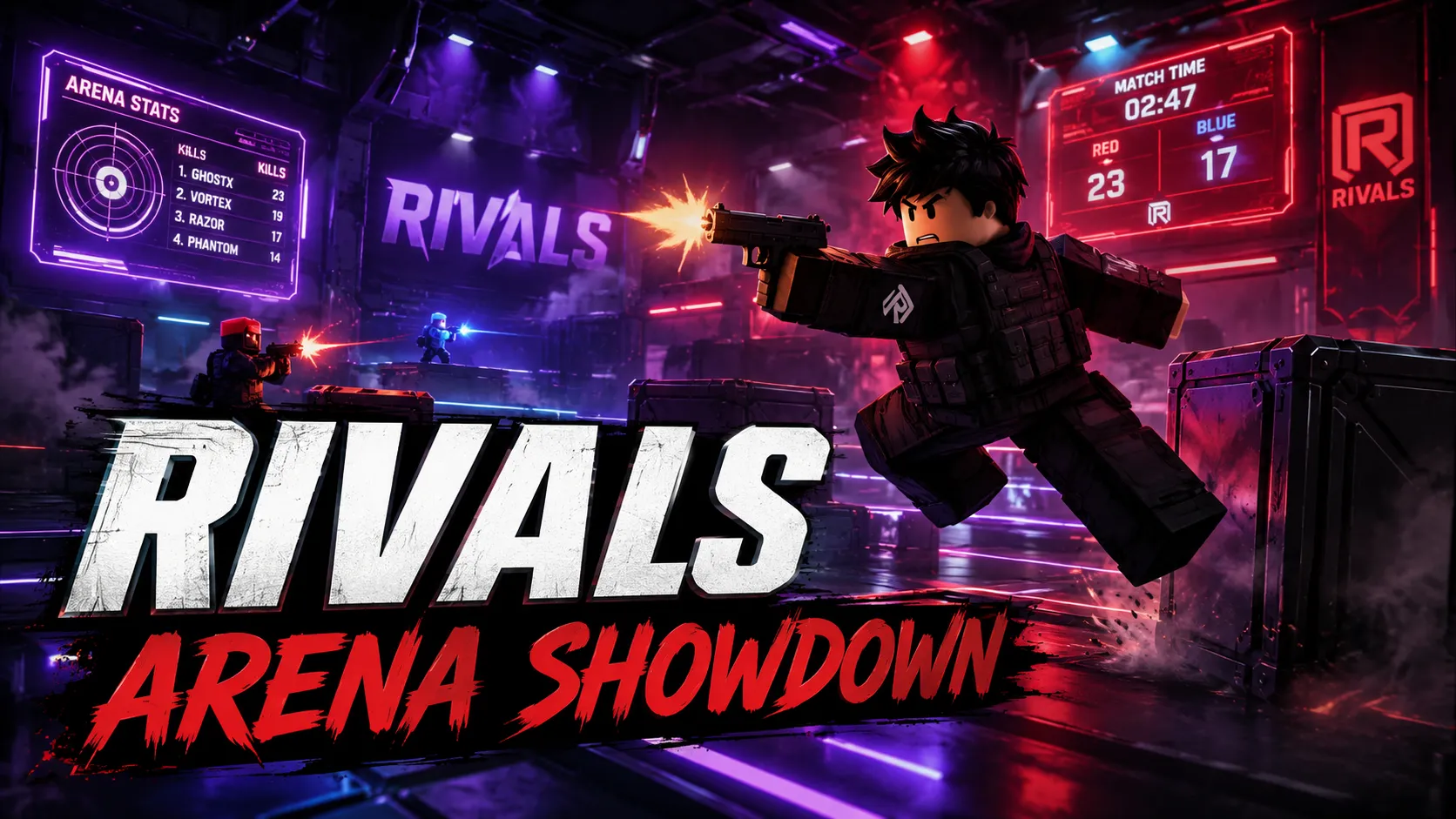 Hình nền PC Roblox Rivals với nhân vật cầm súng giữa đấu trường neon 1672x941
