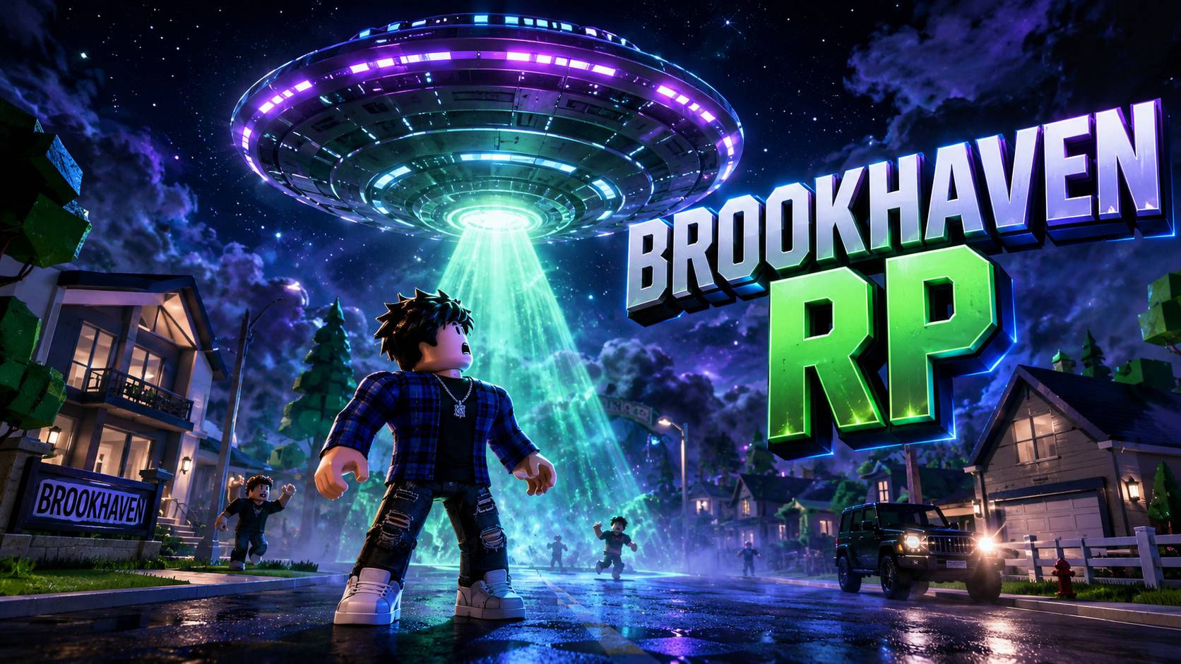 Hình nền Brookhaven RP Roblox với avatar đứng dưới đĩa bay phát sáng giữa thị trấn ban đêm, dành cho PC 1672x941