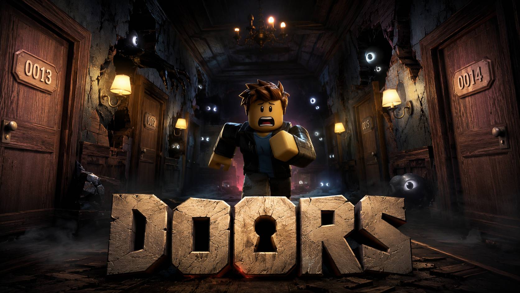 Nhân vật Roblox chạy trong hành lang khách sạn ma quái của DOORS, hình nền PC ngang 1672x941