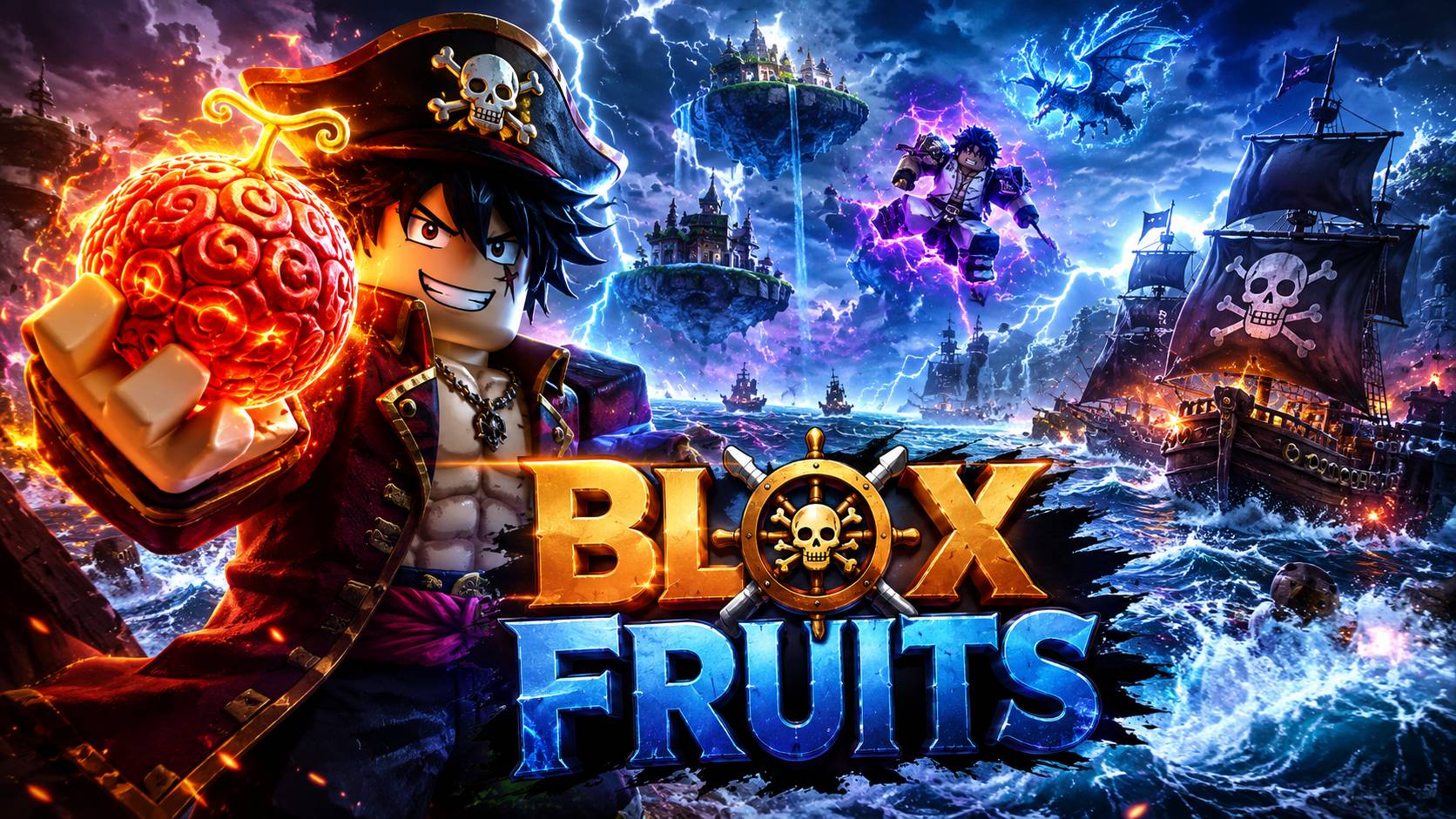 Hình nền PC Blox Fruits với hải tặc cầm trái cây phát sáng giữa biển bão và tàu cướp biển