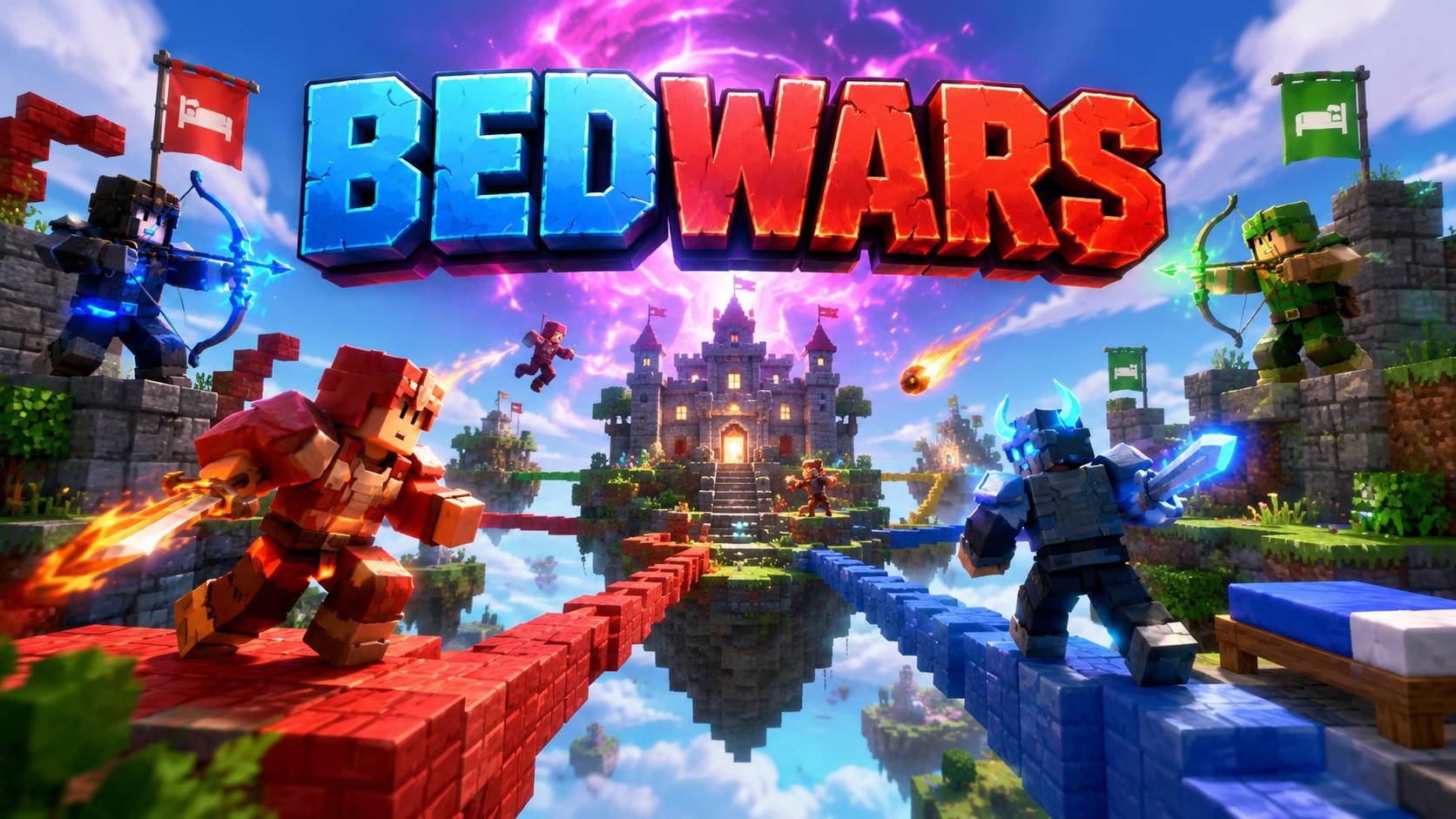 Hình nền PC Roblox BedWars với hai đội giao chiến trên cầu nổi trước lâu đài