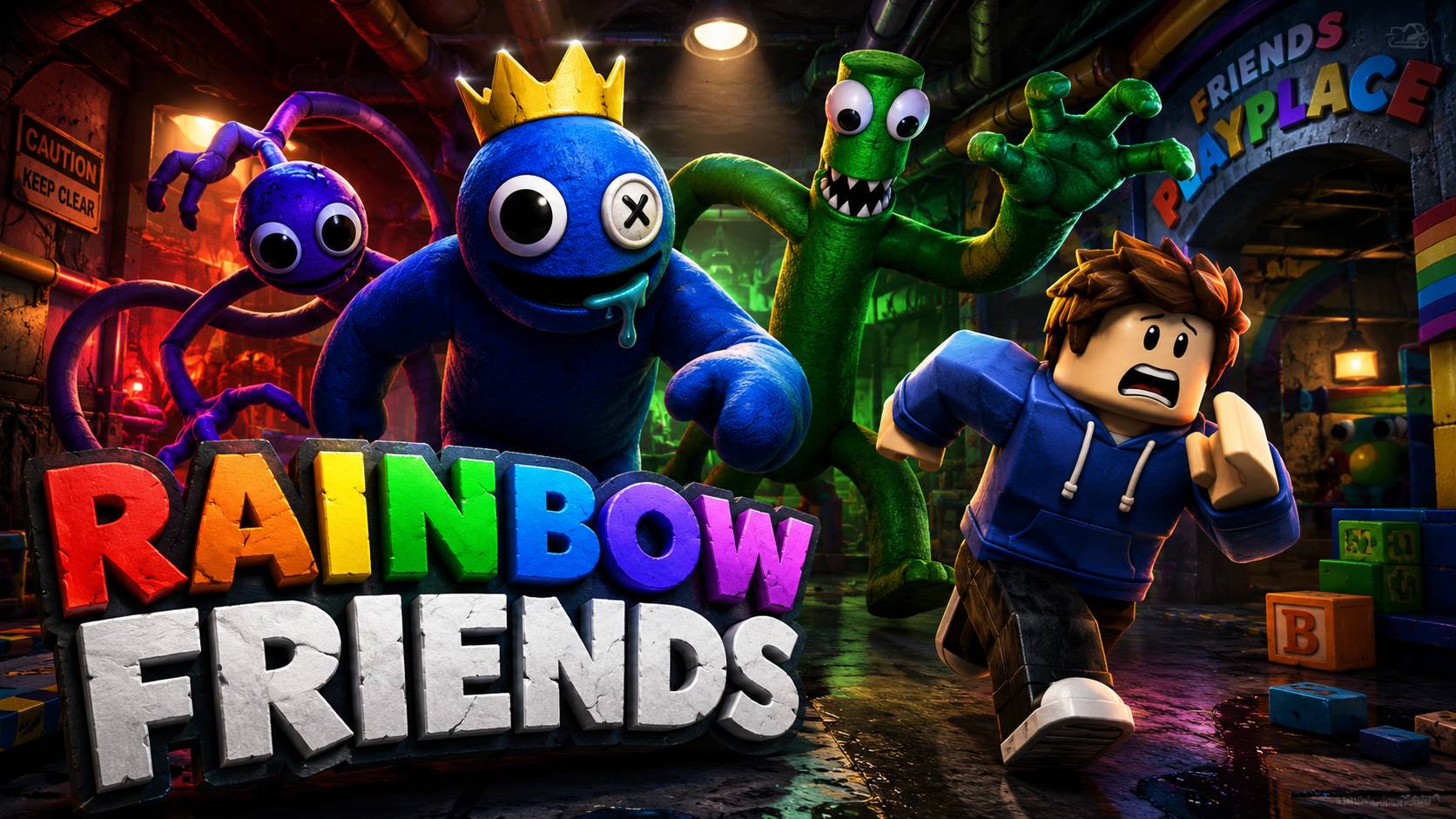 Nhân vật Roblox chạy khỏi các quái vật Rainbow Friends trong bối cảnh nhà kho tối, ảnh nền PC 1672x941