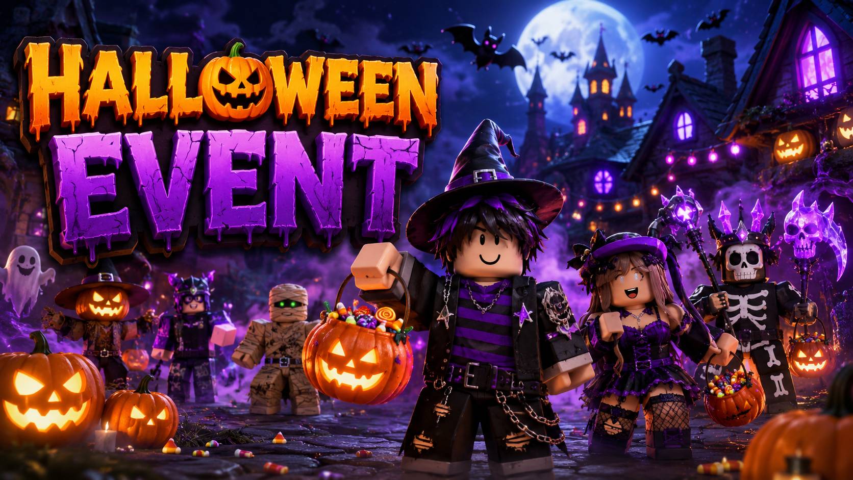 Hình nền Roblox Halloween với avatar hóa trang giữa làng ma, bí ngô phát sáng và lâu đài u tối, dùng cho PC.