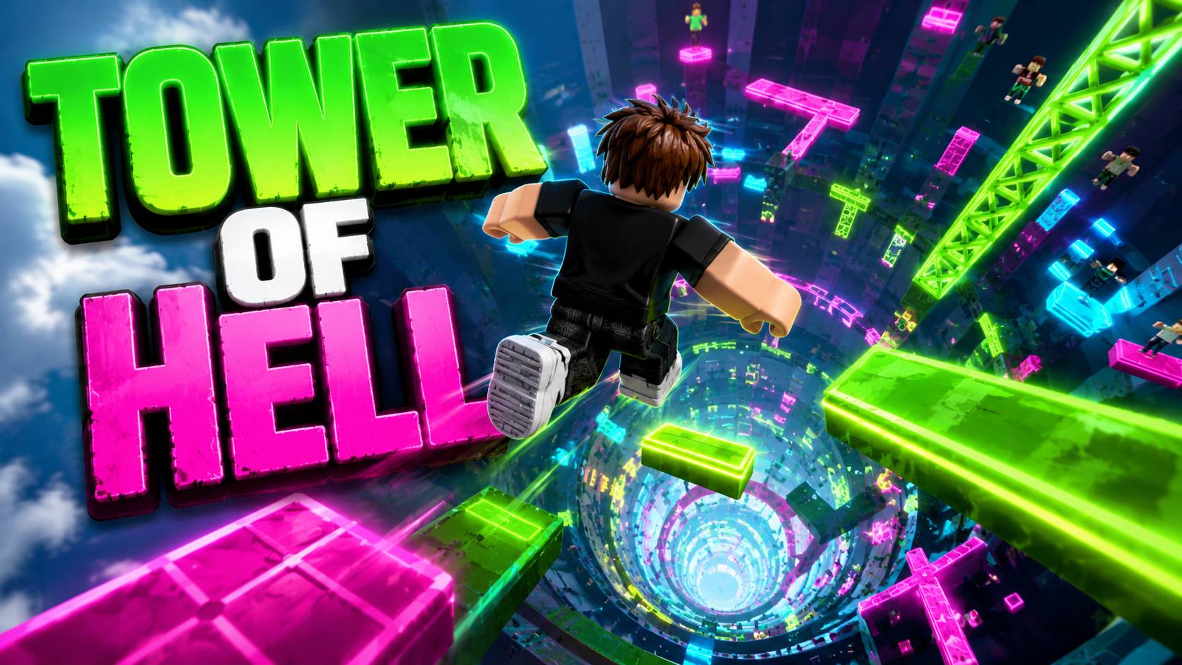 Avatar Roblox nhảy qua chướng ngại vật neon trong Tower of Hell, hình nền PC 1672x941