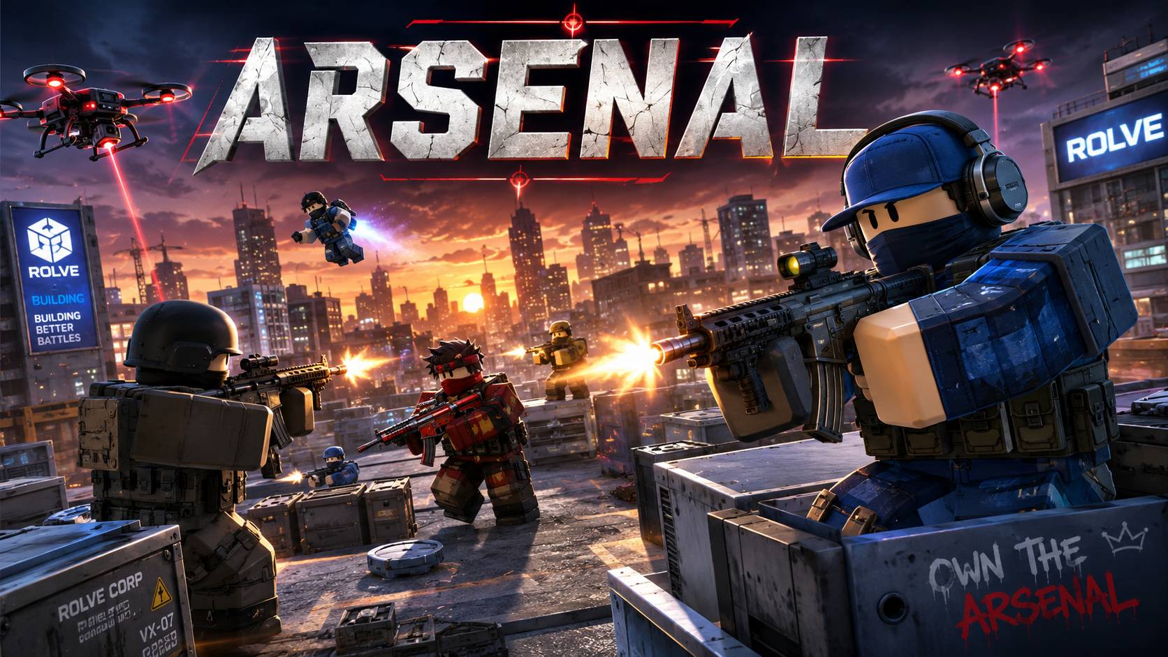 Hình nền Roblox Arsenal với các avatar đấu súng giữa thành phố đổ nát trên màn hình PC ngang