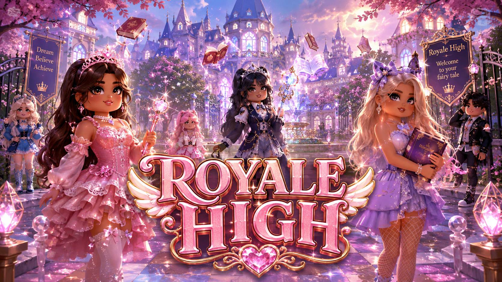 Hình nền PC Roblox Royale High với avatar giữa lâu đài fantasy phát sáng, tông tím hồng, độ phân giải 1672x941