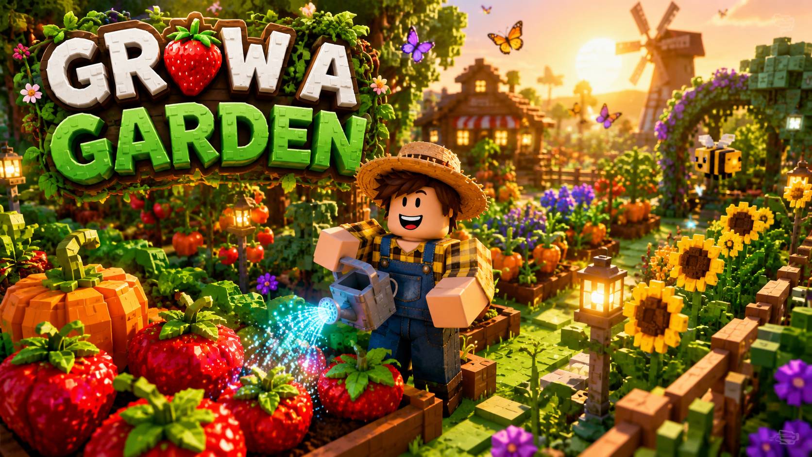 Avatar Roblox đội mũ rơm chăm sóc vườn rau và dâu tây trong cảnh đồng quê rực rỡ