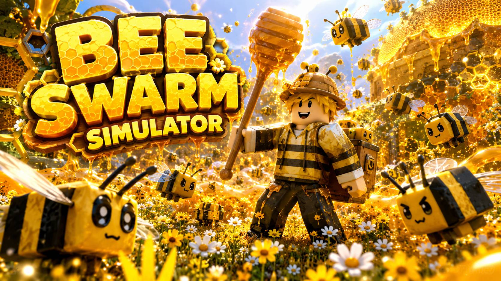 Hình nền Roblox Bee Swarm Simulator với avatar giữa đàn ong trong cánh đồng hoa vàng, dùng cho máy tính