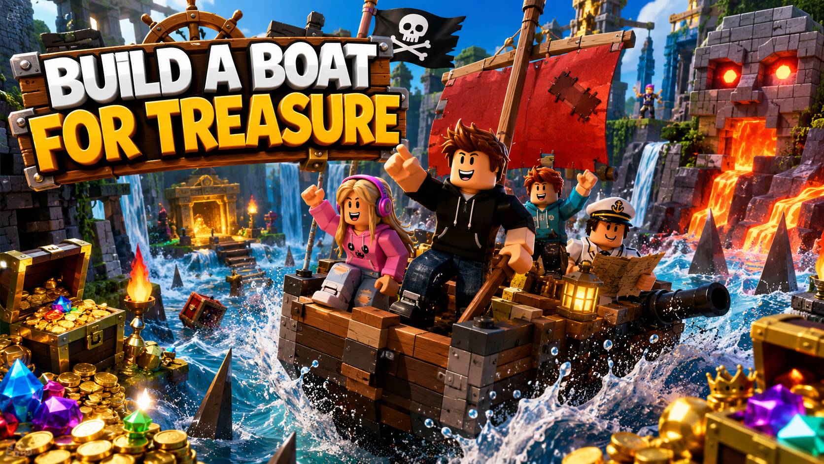 Hình nền PC Roblox Build a Boat for Treasure với nhóm avatar vượt thuyền qua vùng nước đầy kho báu
