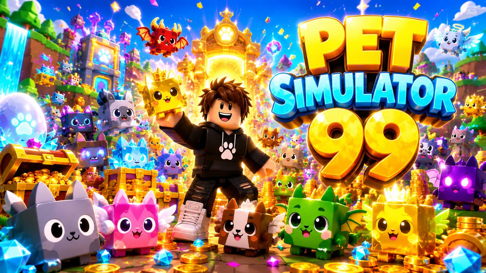 Hình nền Roblox Pet Simulator 99 với avatar và dàn thú cưng pixel giữa kho báu rực rỡ cho màn hình máy tính