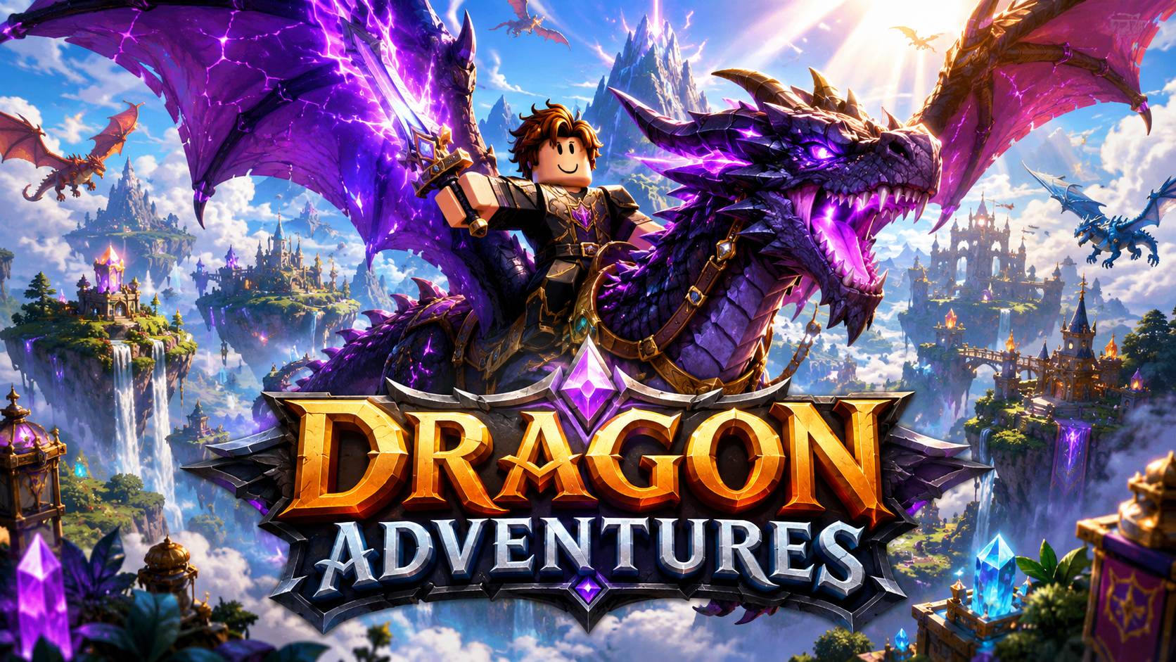 Hình nền Roblox Dragon Adventures với avatar cưỡi rồng tím giữa thế giới fantasy, tỷ lệ ngang cho màn hình PC