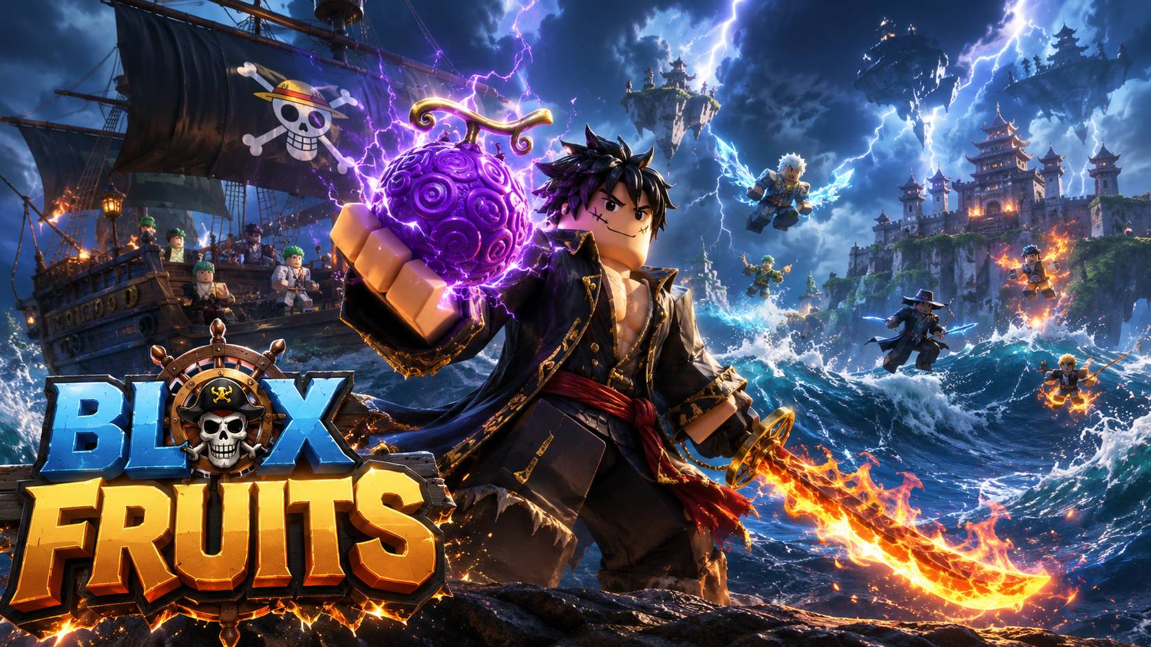 Avatar Roblox phong cách hải tặc cầm năng lượng tím giữa biển bão, tàu chiến và sét, hình nền PC 1672x941