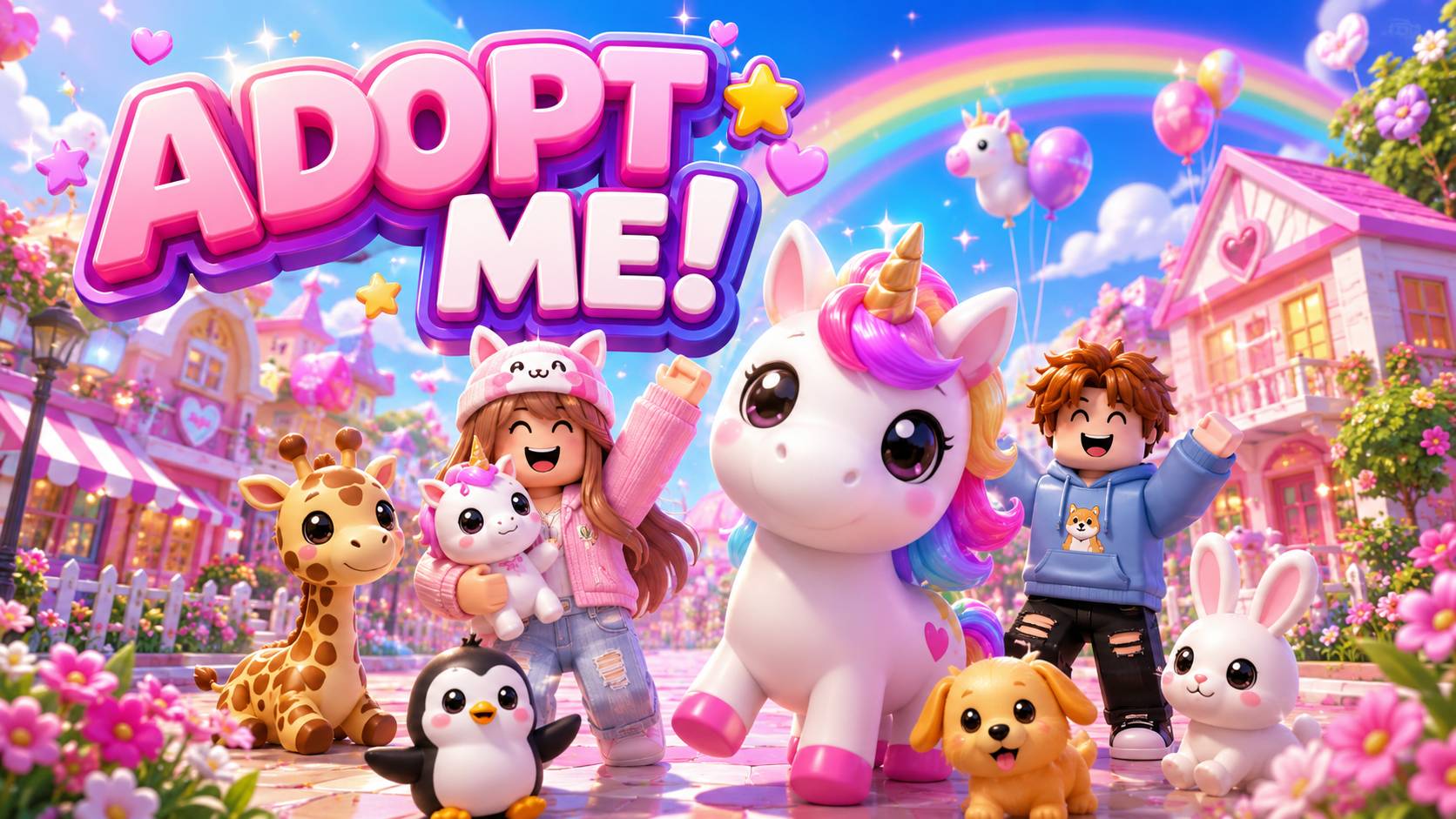 Hình nền Roblox Adopt Me! với kỳ lân, avatar và thú cưng giữa thị trấn cầu vồng, phù hợp máy tính