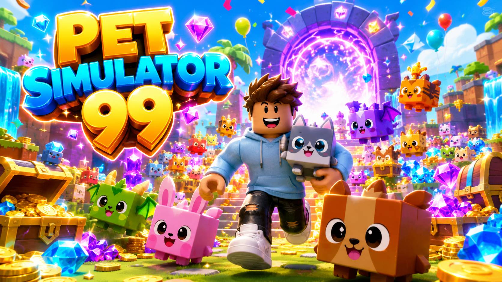 Nhân vật Roblox chạy giữa các thú cưng nhiều màu trong Pet Simulator 99, nền cổng tím phát sáng cho máy tính