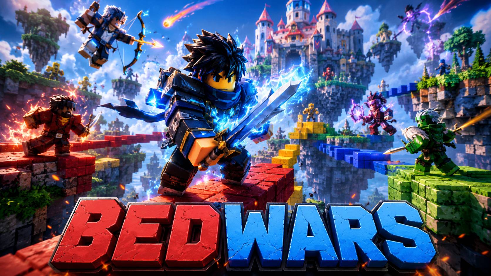 Nhân vật Roblox cầm kiếm xanh chiến đấu trong lâu đài fantasy, chữ BedWars nổi bật, hình nền PC 1672x941
