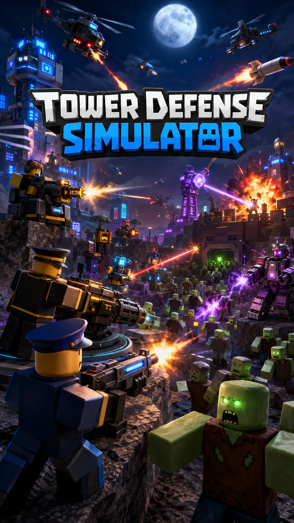 Hình nền Roblox Tower Defense Simulator với chiến đấu trong thành phố ban đêm trên màn hình dọc mobile