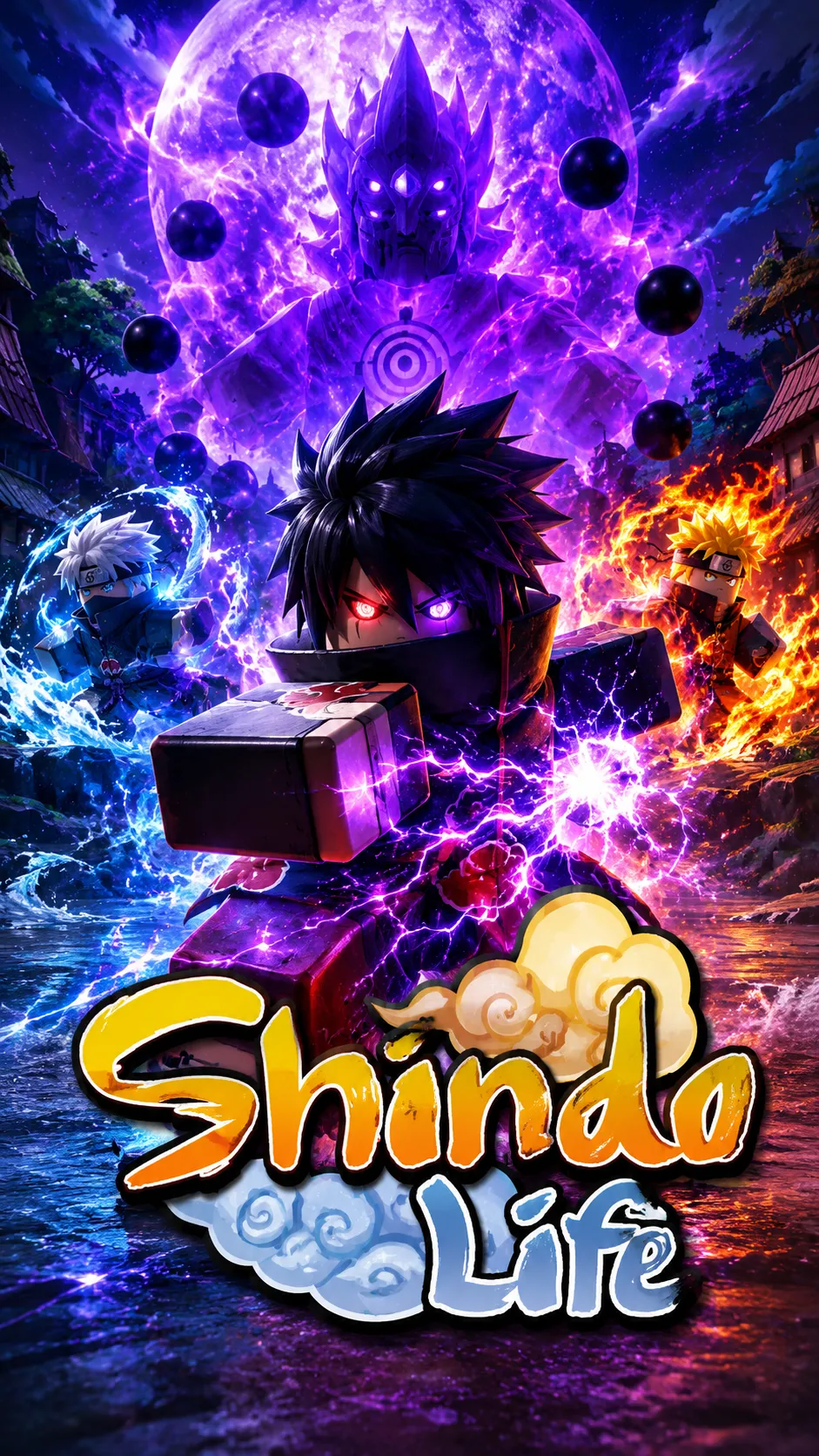 Hình nền Roblox Shindo Life dọc với avatar trung tâm và năng lượng tím, xanh, đỏ rực trên màn hình mobile