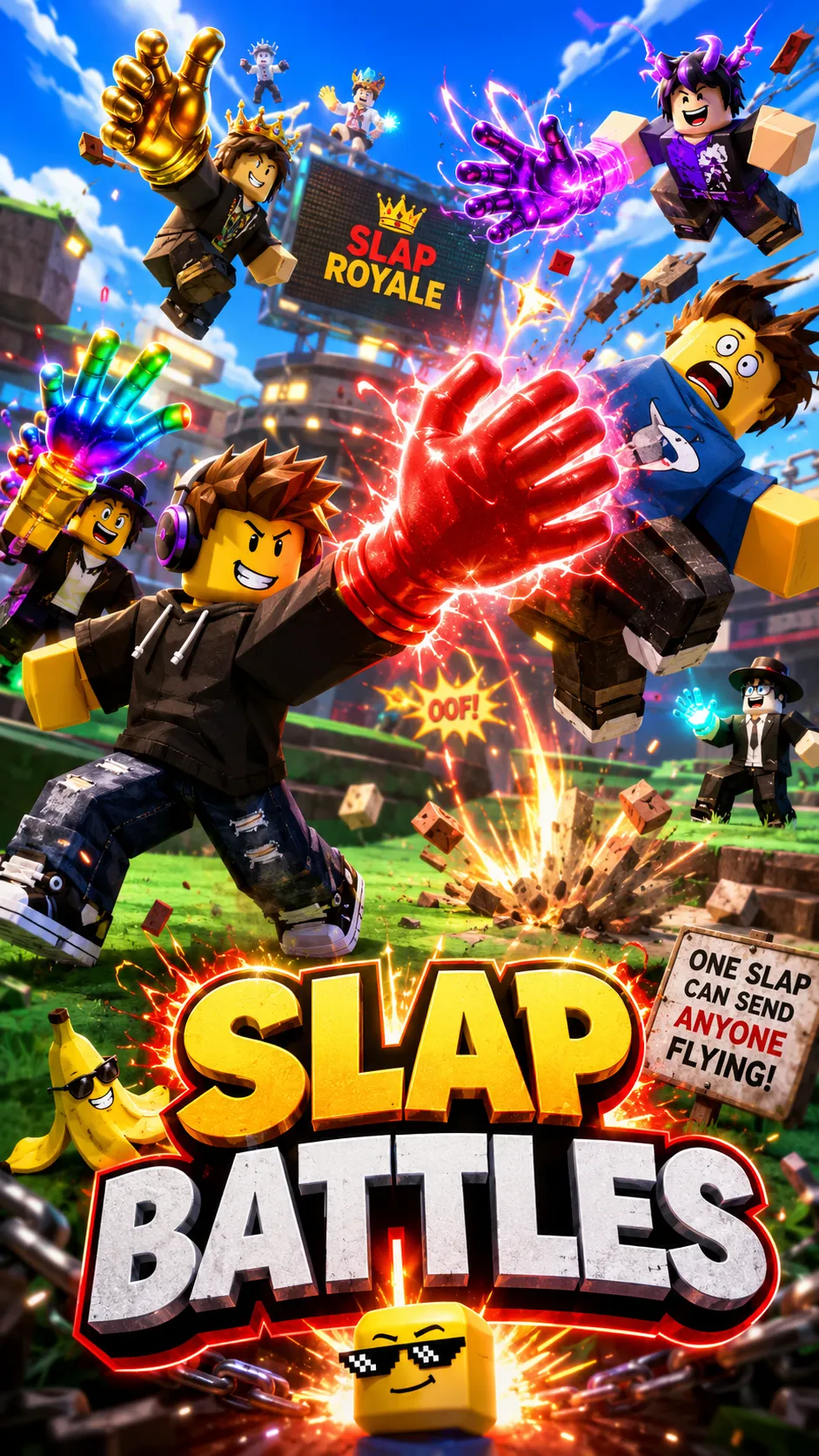 Hình nền dọc Roblox Slap Battles với các avatar giao chiến, bàn tay phát sáng và nền trời xanh cho điện thoại