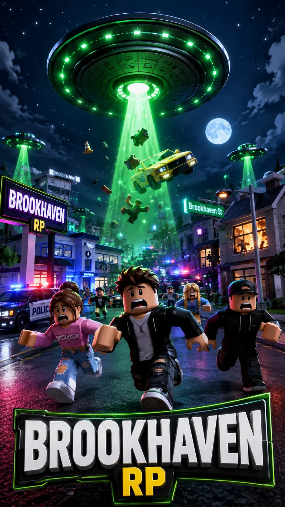 Hình nền Roblox Brookhaven RP với avatar chạy trong thành phố đêm dưới đĩa bay phát sáng