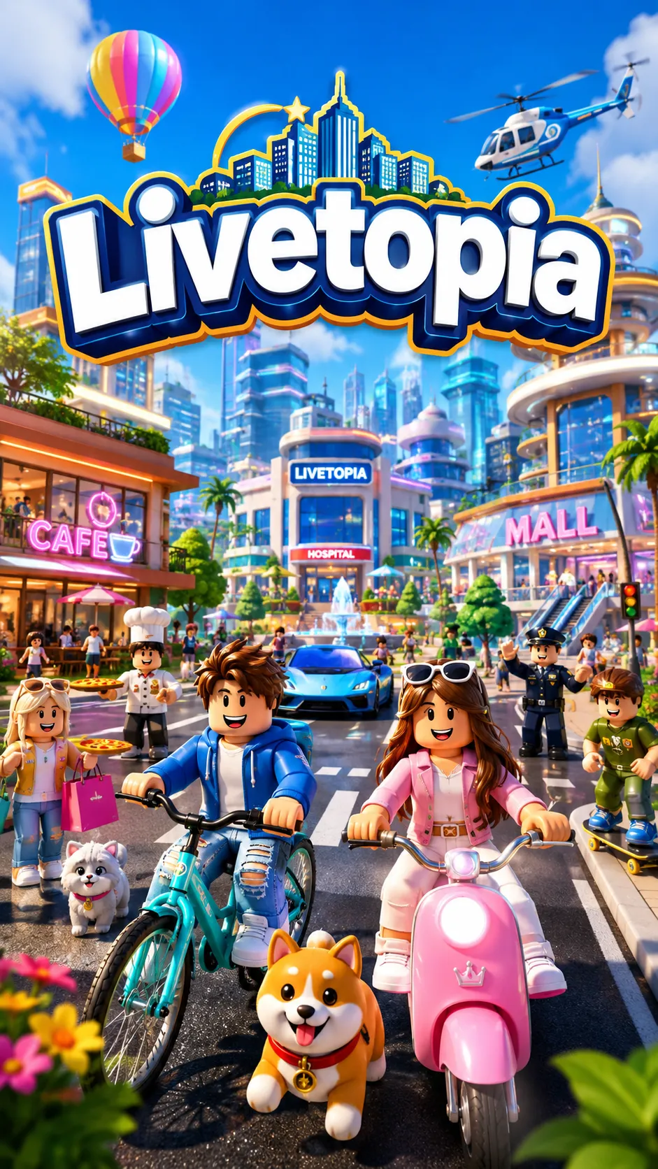 Hình nền dọc Roblox Livetopia với avatar đạp xe, đi xe tay ga giữa phố đô thị