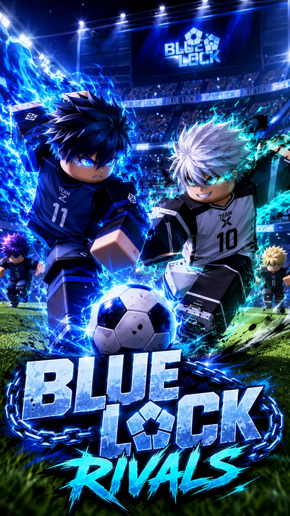 Hình nền Roblox dọc với hai cầu thủ Blue Lock Rivals tranh bóng trên sân vận động xanh phát sáng